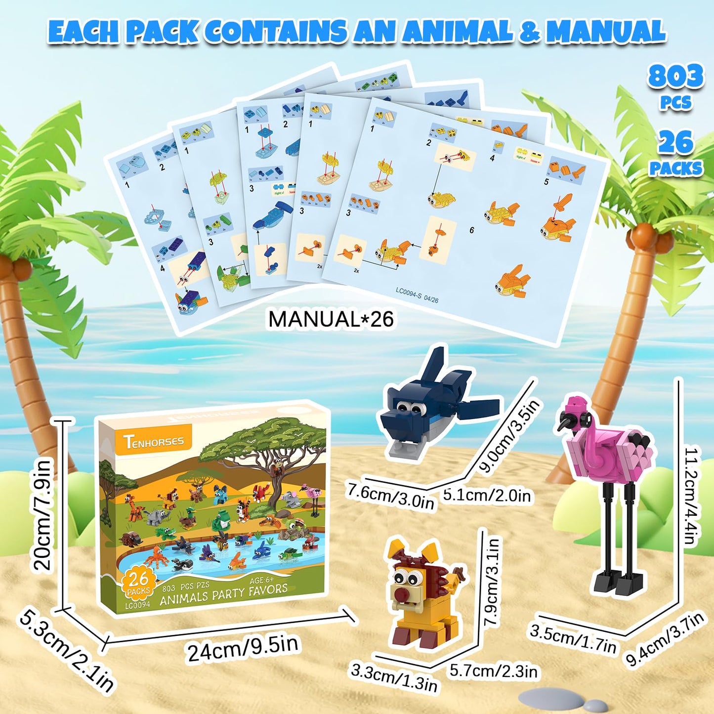 Tenhorses 26-Animal Party Favors Building Set – 803 PCS for Kids 8-12
