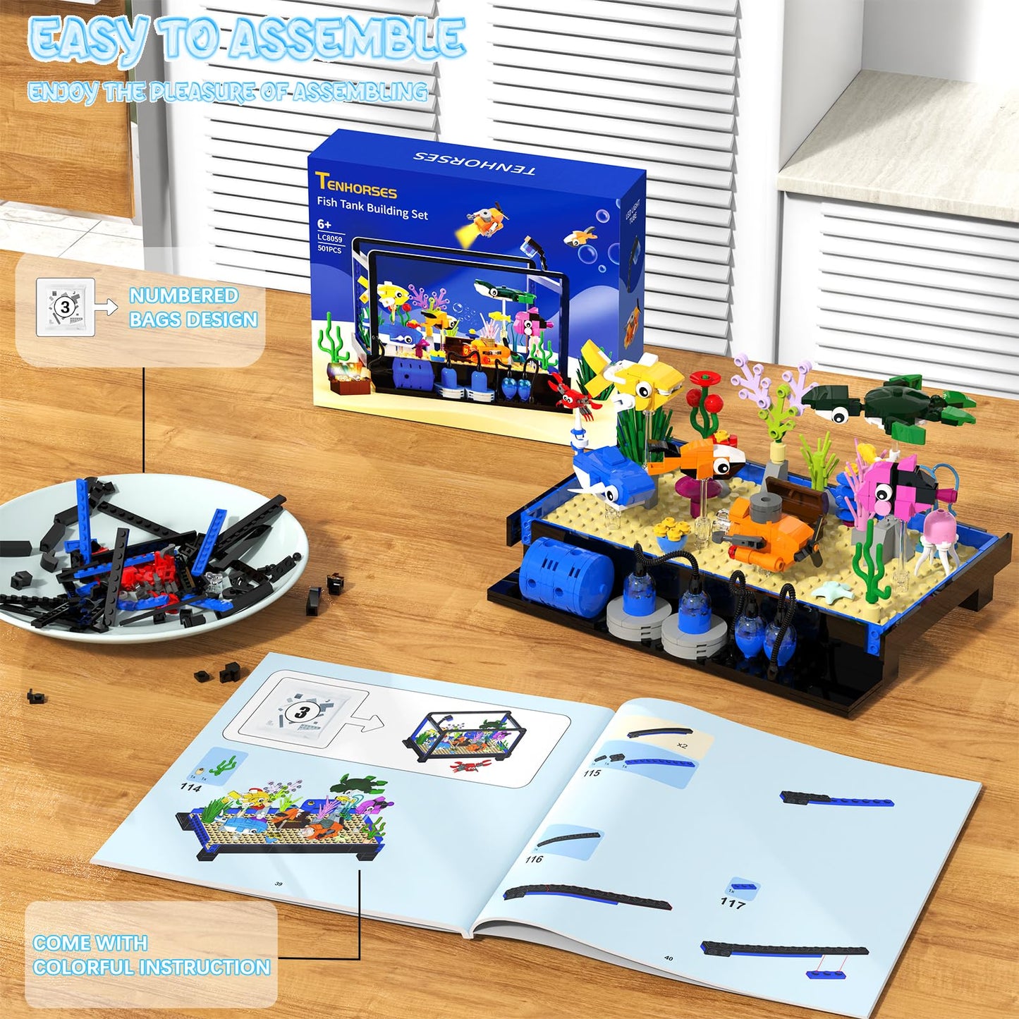 Tenhorses Fish Tank Building Set | Lighting Aquarium with Submarine, Treasure Chest & Marine Life