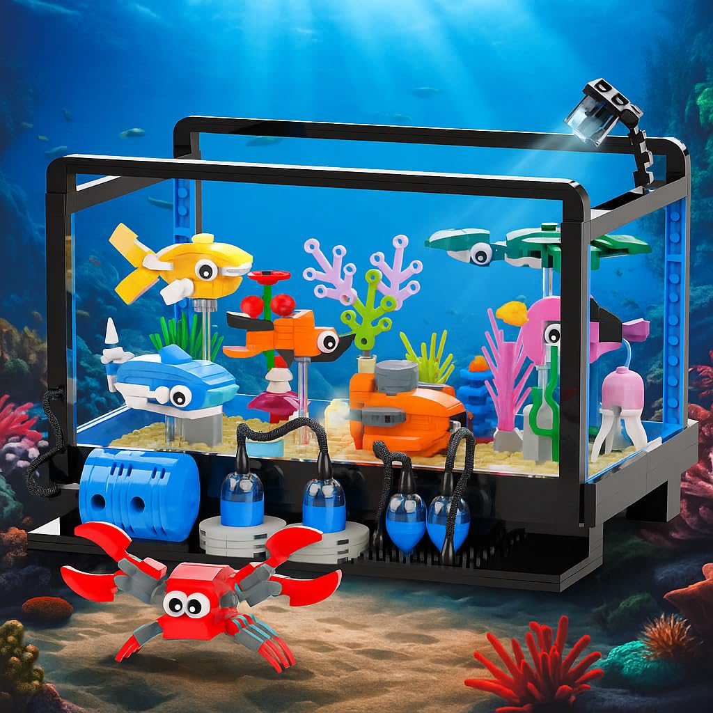 Tenhorses Fish Tank Building Set | Lighting Aquarium with Submarine, Treasure Chest & Marine Life