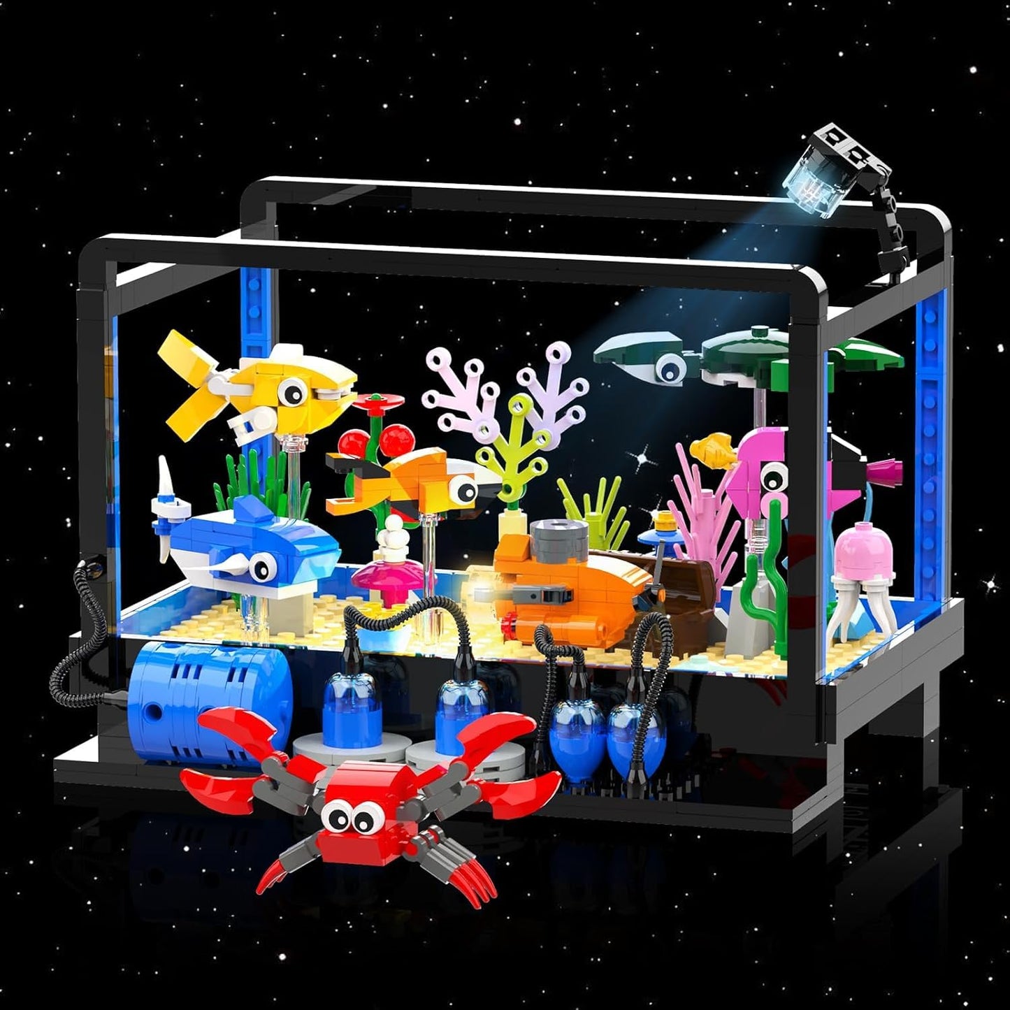 Tenhorses Fish Tank Building Set | Lighting Aquarium with Submarine, Treasure Chest & Marine Life