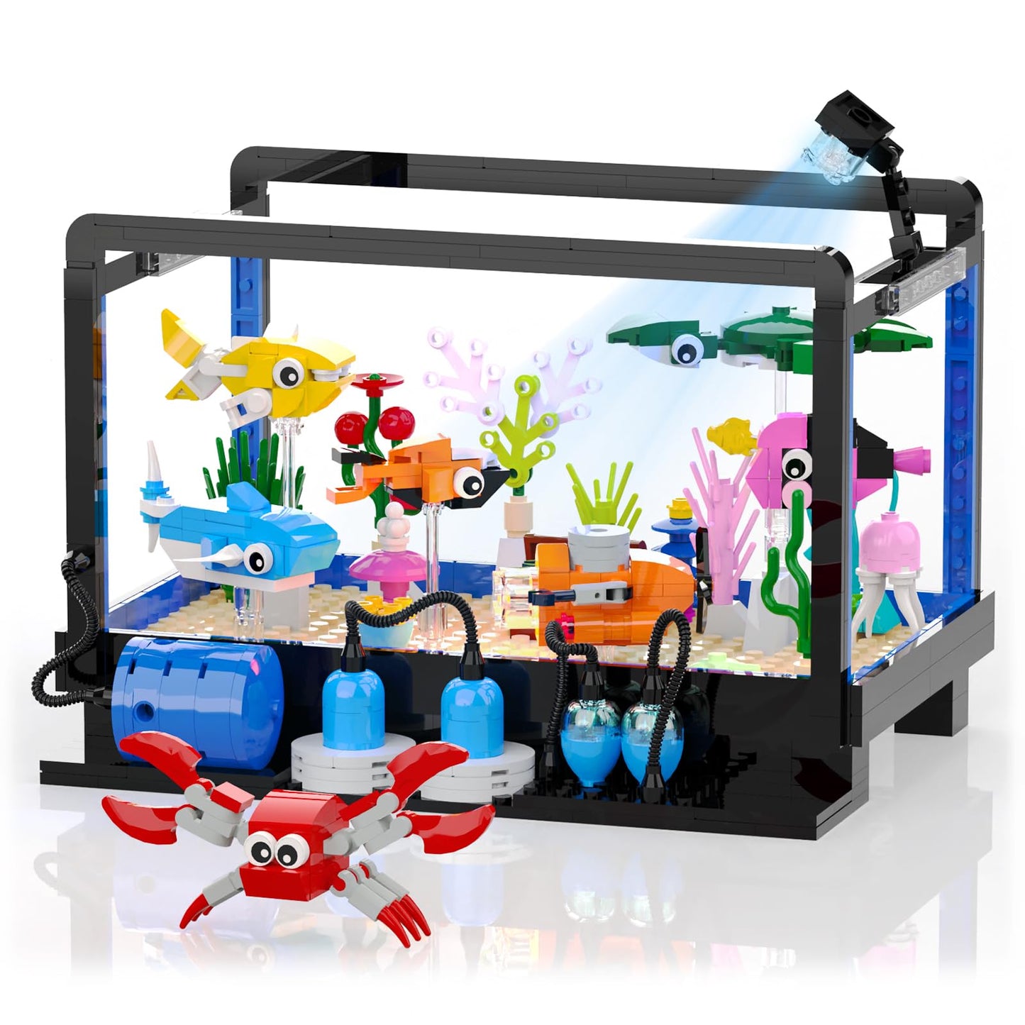 Tenhorses Fish Tank Building Set | Lighting Aquarium with Submarine, Treasure Chest & Marine Life