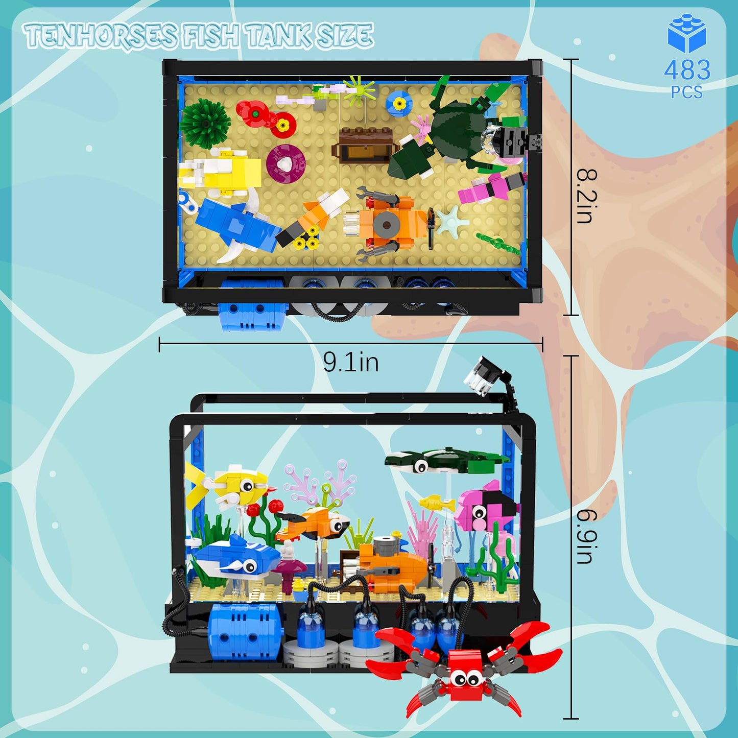 Tenhorses Fish Tank Building Set | Lighting Aquarium with Submarine, Treasure Chest & Marine Life