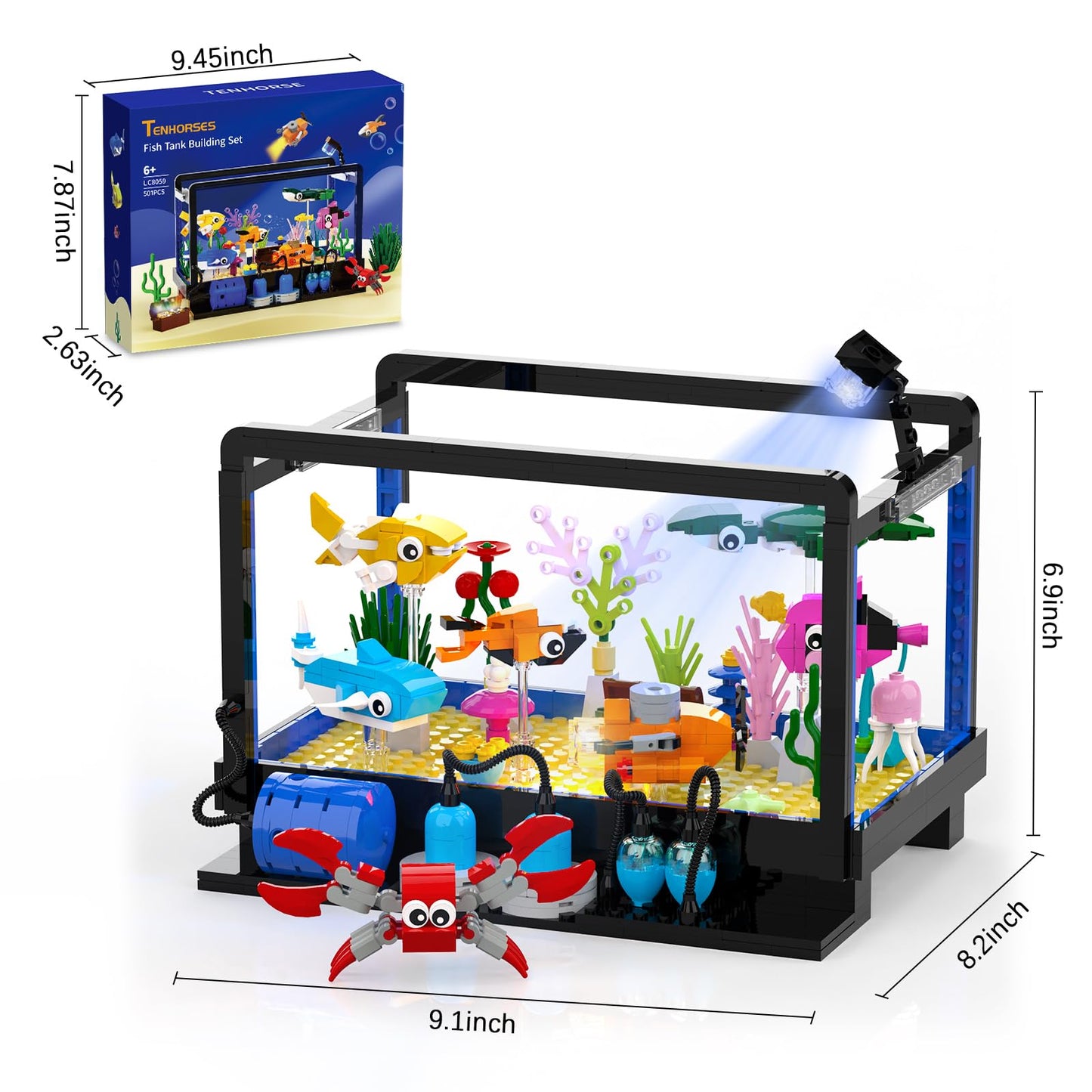 Tenhorses Fish Tank Building Set | Lighting Aquarium with Submarine, Treasure Chest & Marine Life