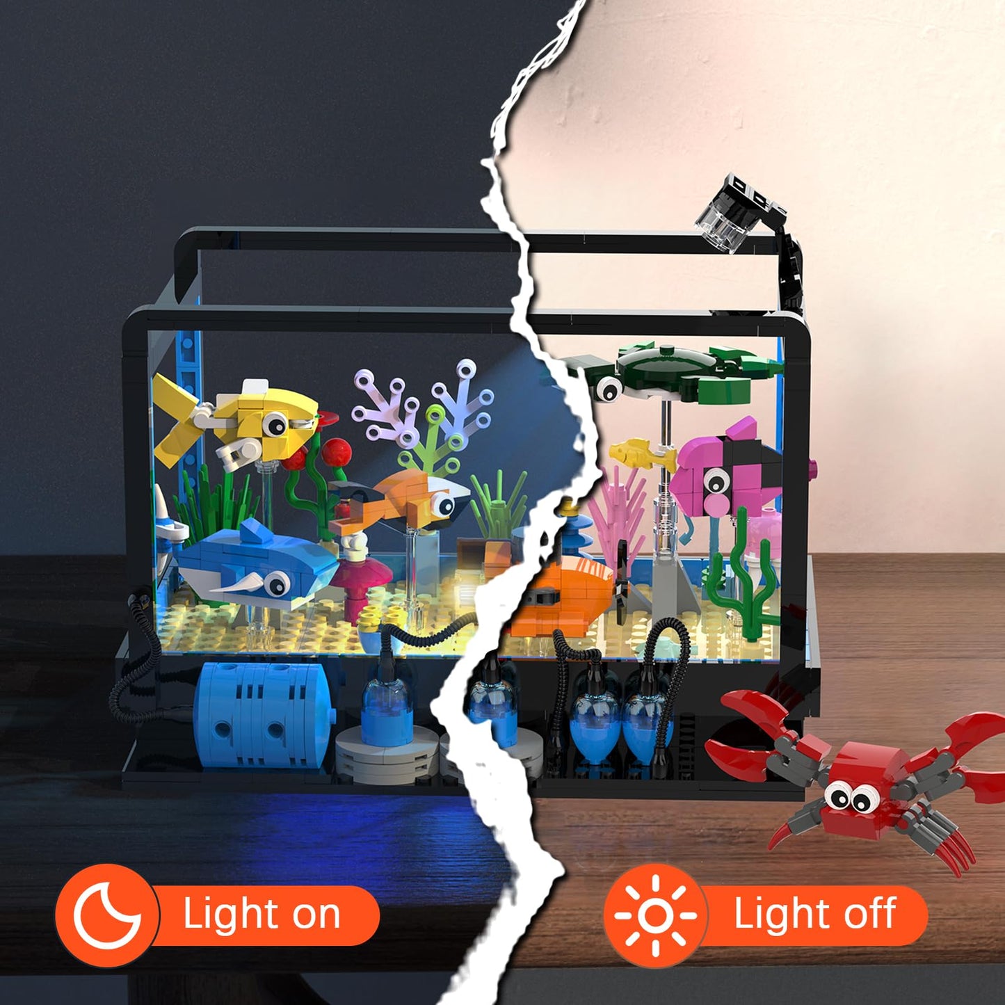 Tenhorses Fish Tank Building Set | Lighting Aquarium with Submarine, Treasure Chest & Marine Life
