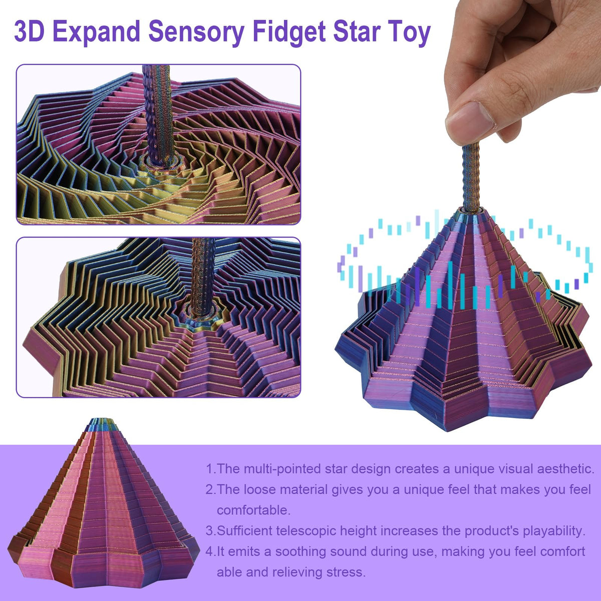 Tenndar 3D Printed Fidget Toys – Expanded Sensory Star with Handles (Colorful, 4.7in)