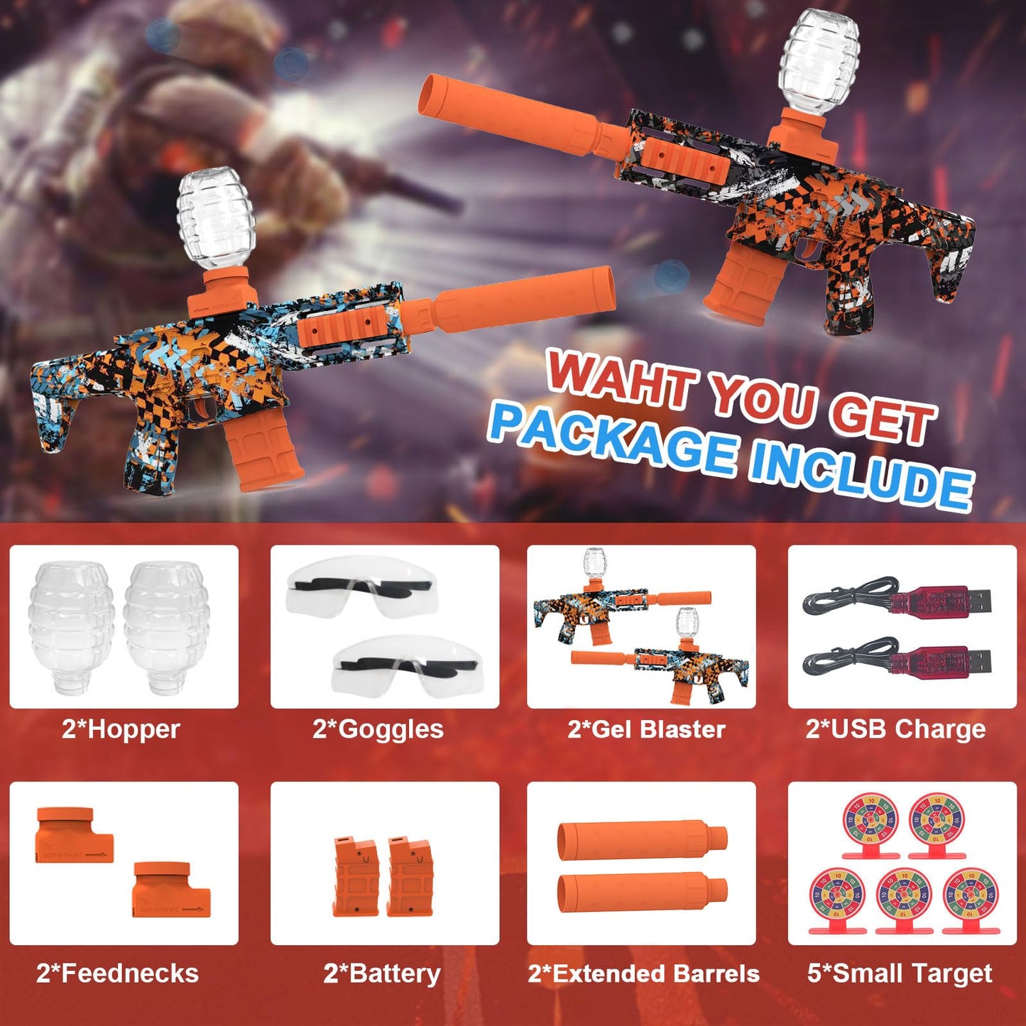 Tentam 2 Pack Gel Ball Blaster – Automatic, 160+ FPS, 10 Rounds/sec, Rechargeable Batteries, Goggles & Target