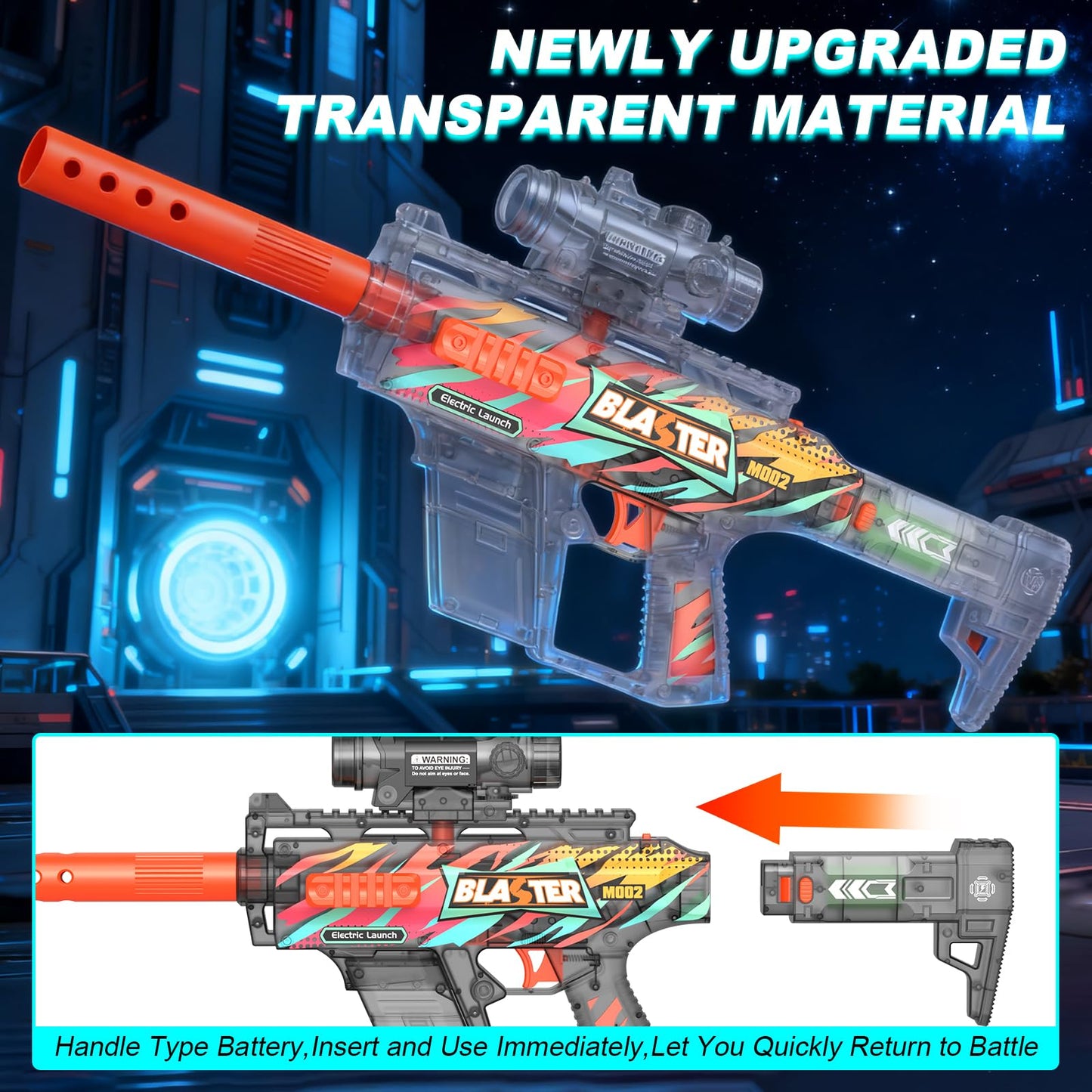 TENTAM Gel Ball Blaster Transparent Version – Semi Auto Electric, 170 FPS, 85 ft Range