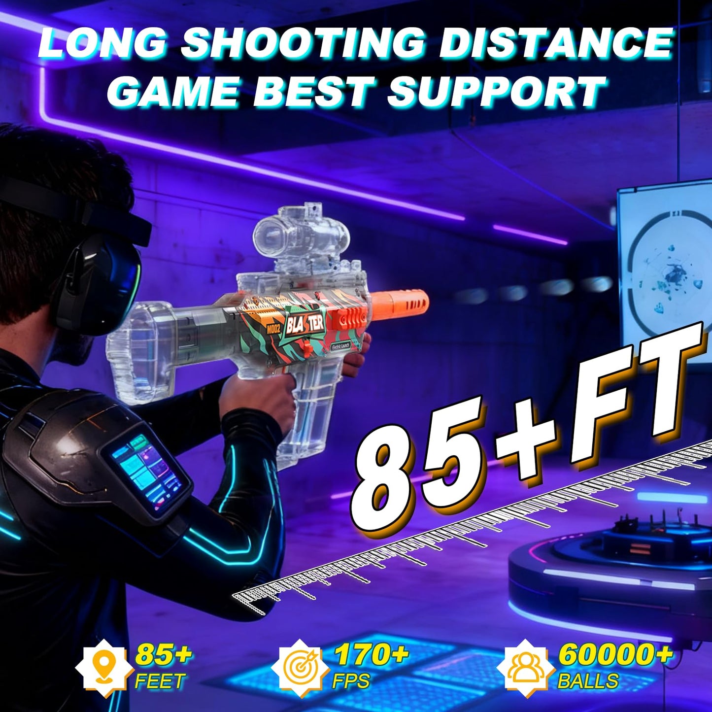 TENTAM Gel Ball Blaster Transparent Version – Semi Auto Electric, 170 FPS, 85 ft Range