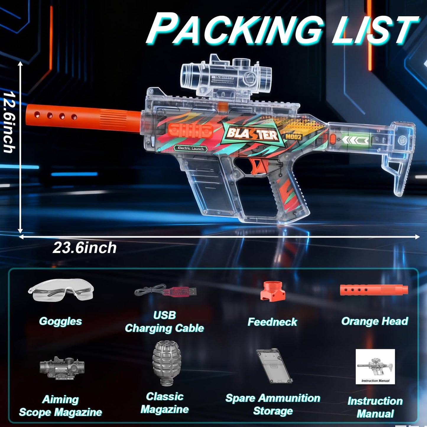 TENTAM Gel Ball Blaster Transparent Version – Semi Auto Electric, 170 FPS, 85 ft Range