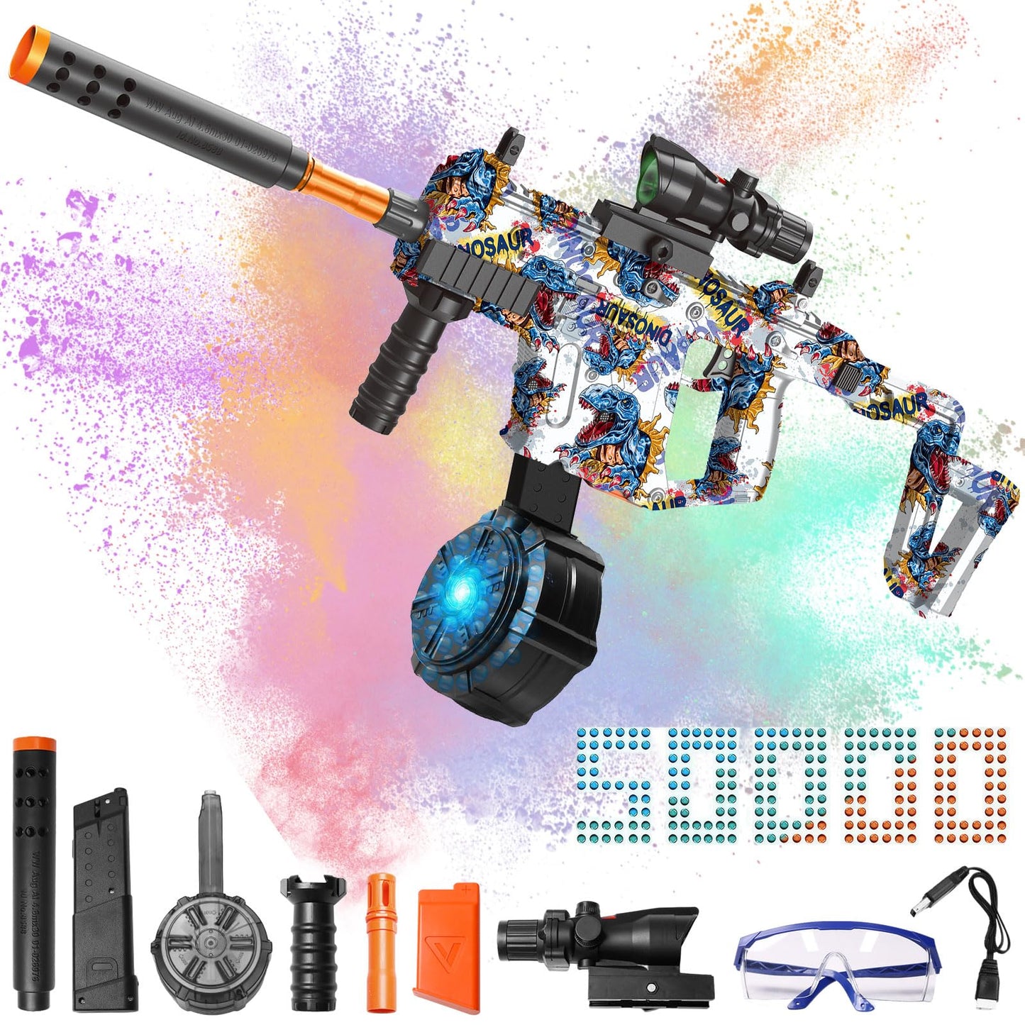 Tentam Gel Blaster Splatter Automatic - 160+ FPS, 80ft Range, Goggles & Ammo Drum