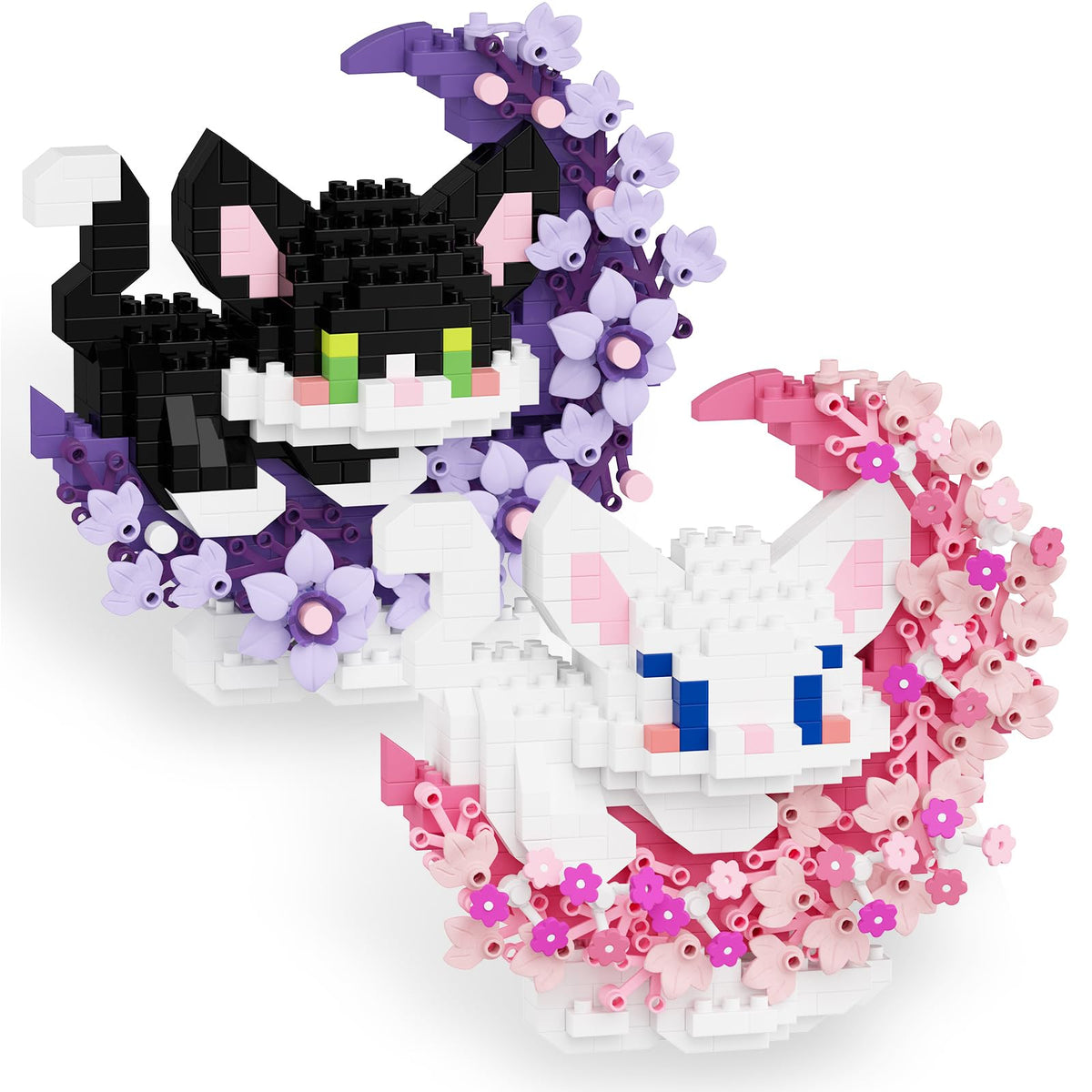 TENYEAH 2-in-1 Mini Building Block Set: Cats with Flower & Moon | Nano Brick Toys for Adults