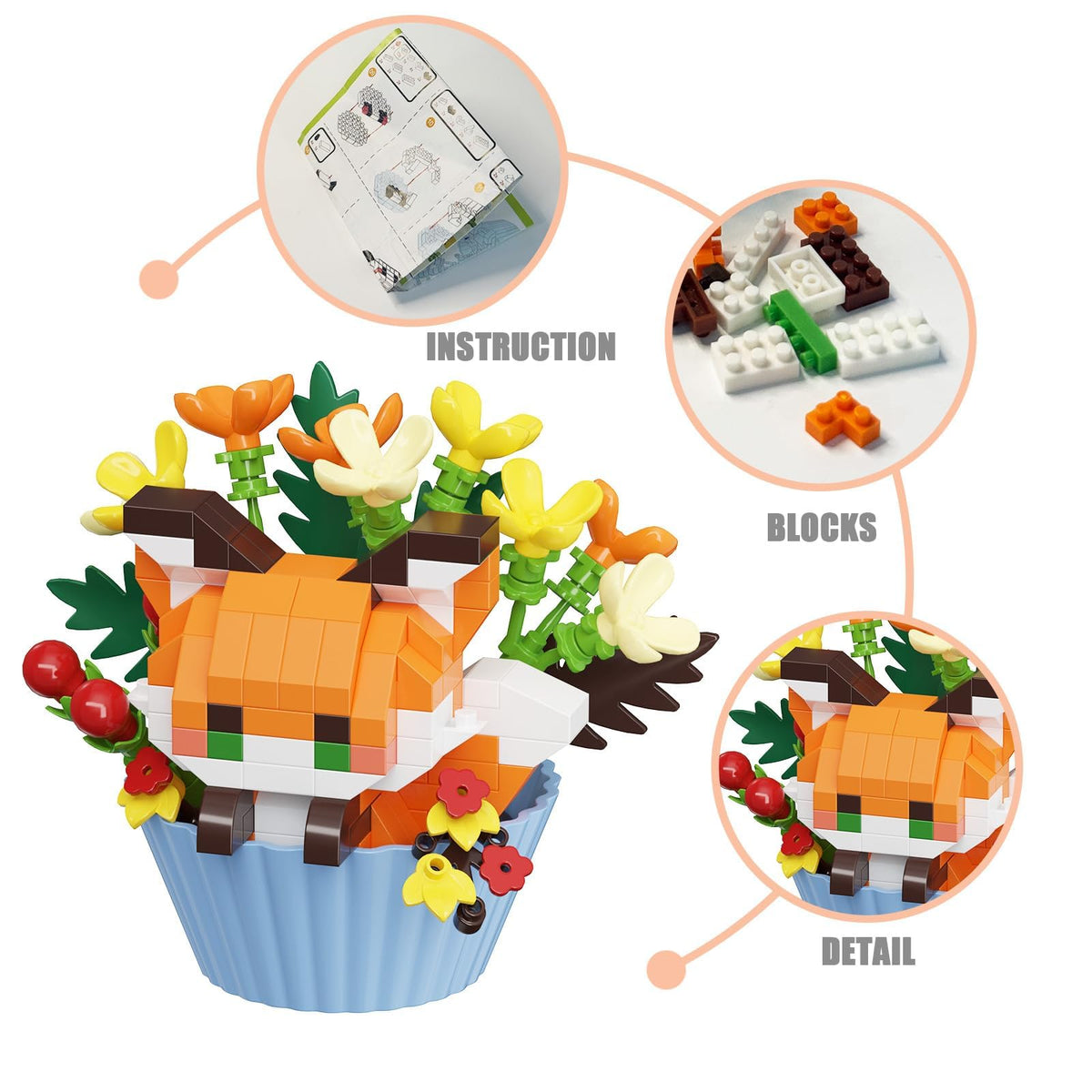 TENYEAH 4-Pack Animal Cupcake Micro Building Blocks Set – Fox, Dog, Bird & Bear