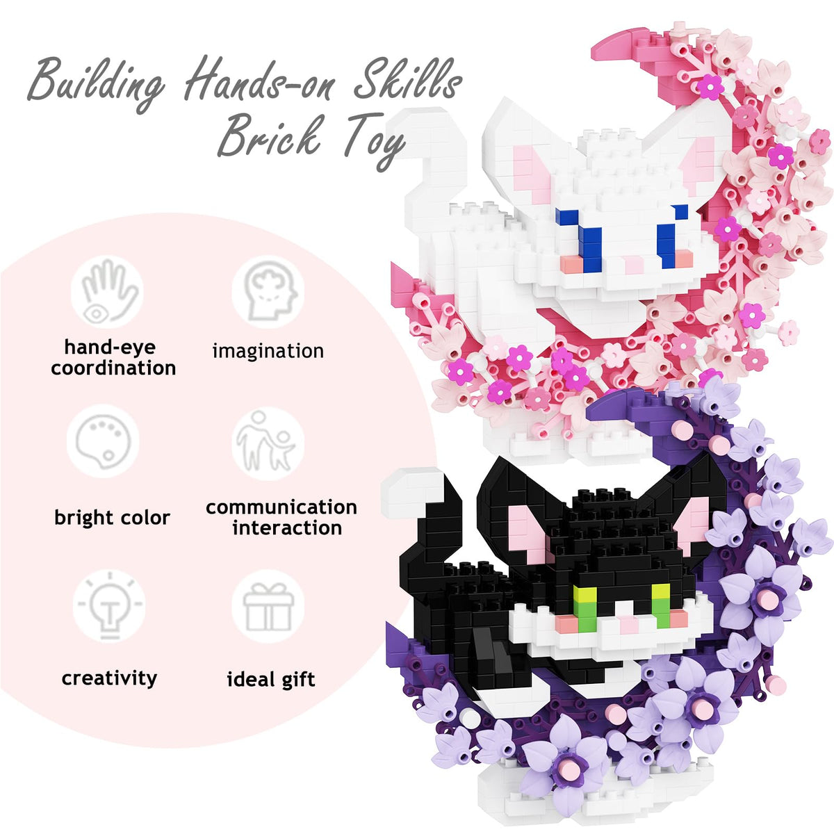 TENYEAH 2-in-1 Mini Building Block Set: Cats with Flower & Moon | Nano Brick Toys for Adults