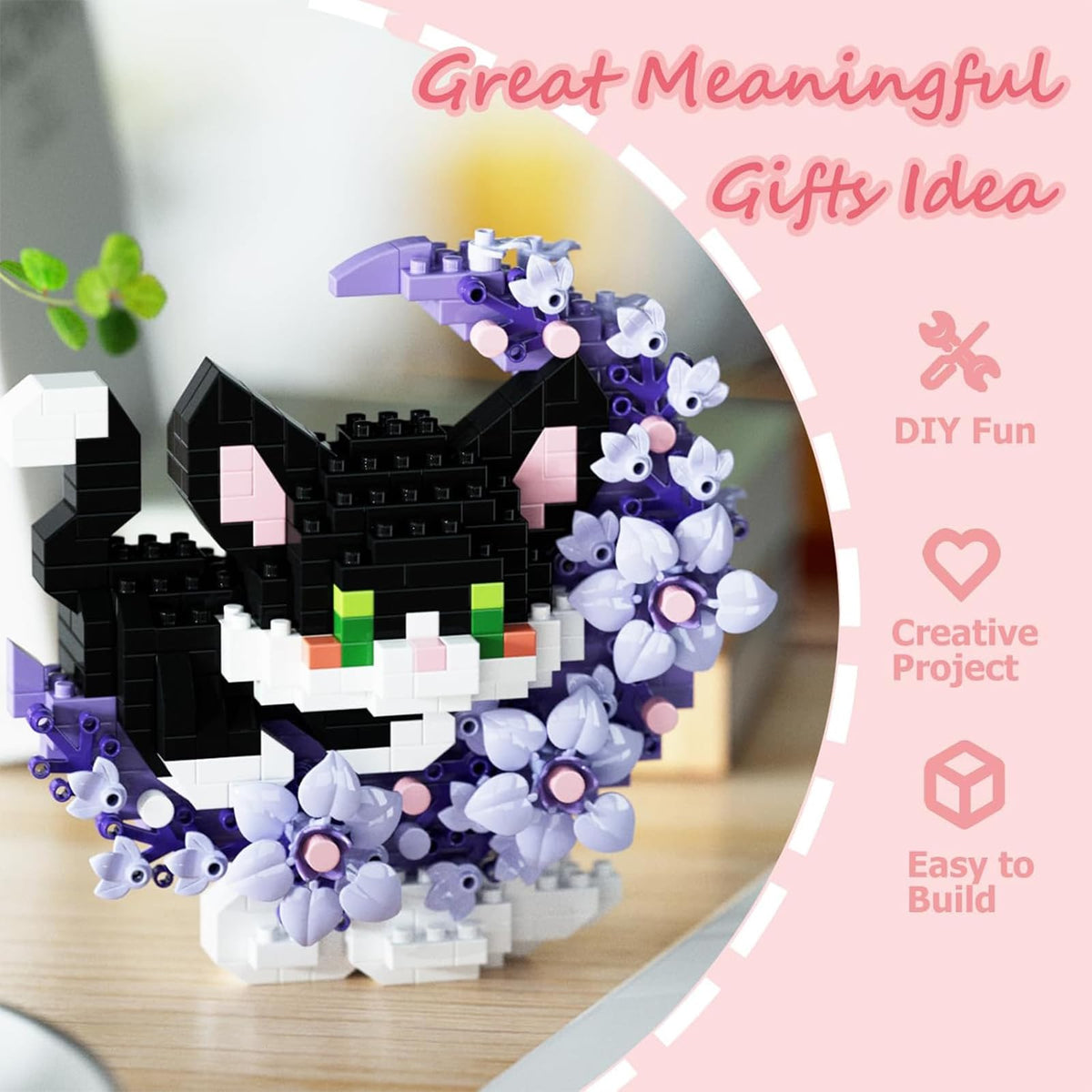 TENYEAH 2-in-1 Mini Building Block Set: Cats with Flower & Moon | Nano Brick Toys for Adults