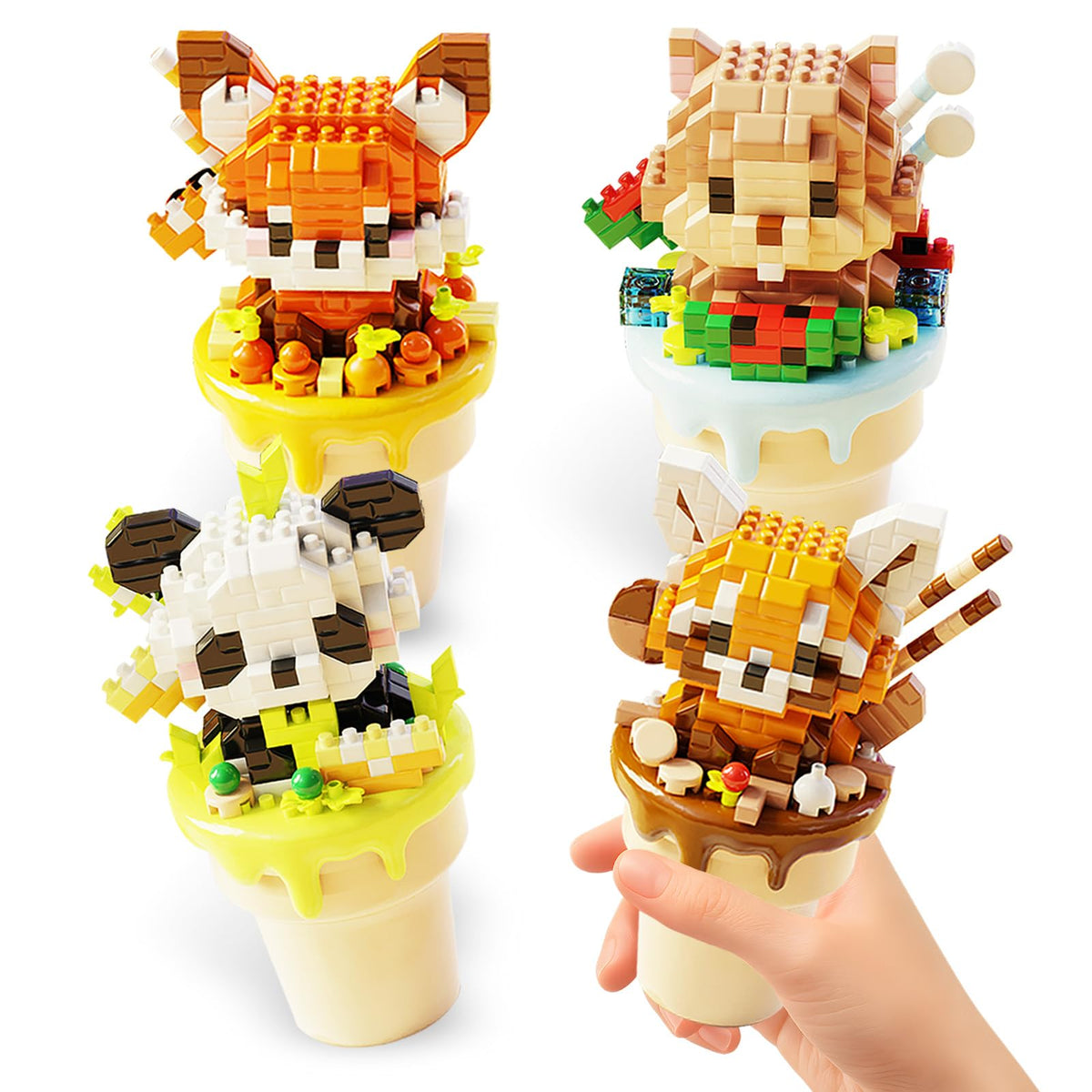 TENYEAH 4 Packs Micro Cute Animals Building Set with Ice Cream Cup Base – Panda, Raccoon, Hamster & Fox