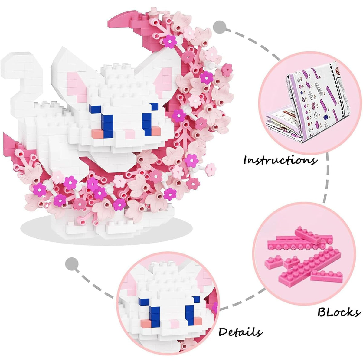 TENYEAH 2-in-1 Mini Building Block Set: Cats with Flower & Moon | Nano Brick Toys for Adults