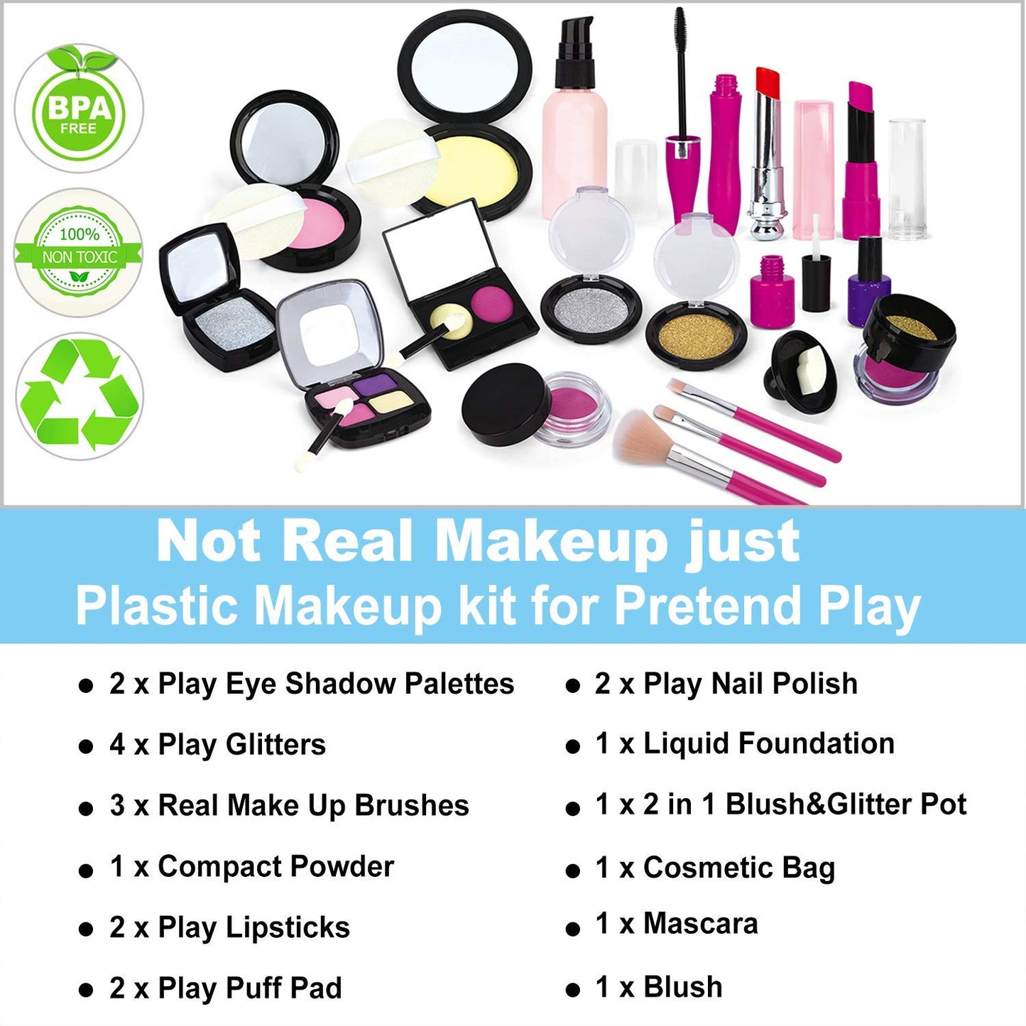 Tepsmigo Pretend Makeup Kit for Girls – Safe Toy Makeup Set for Ages 3+ (Not Real Makeup)