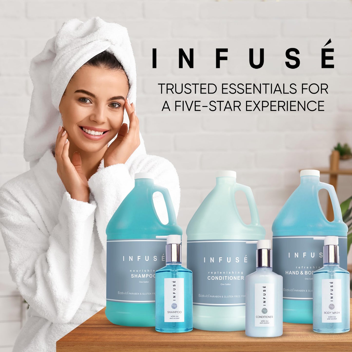 Terra Pure H2O Tropical Infuse Gallon Set & Dispenser — Hotel-Grade Shampoo, Conditioner & Body Wash