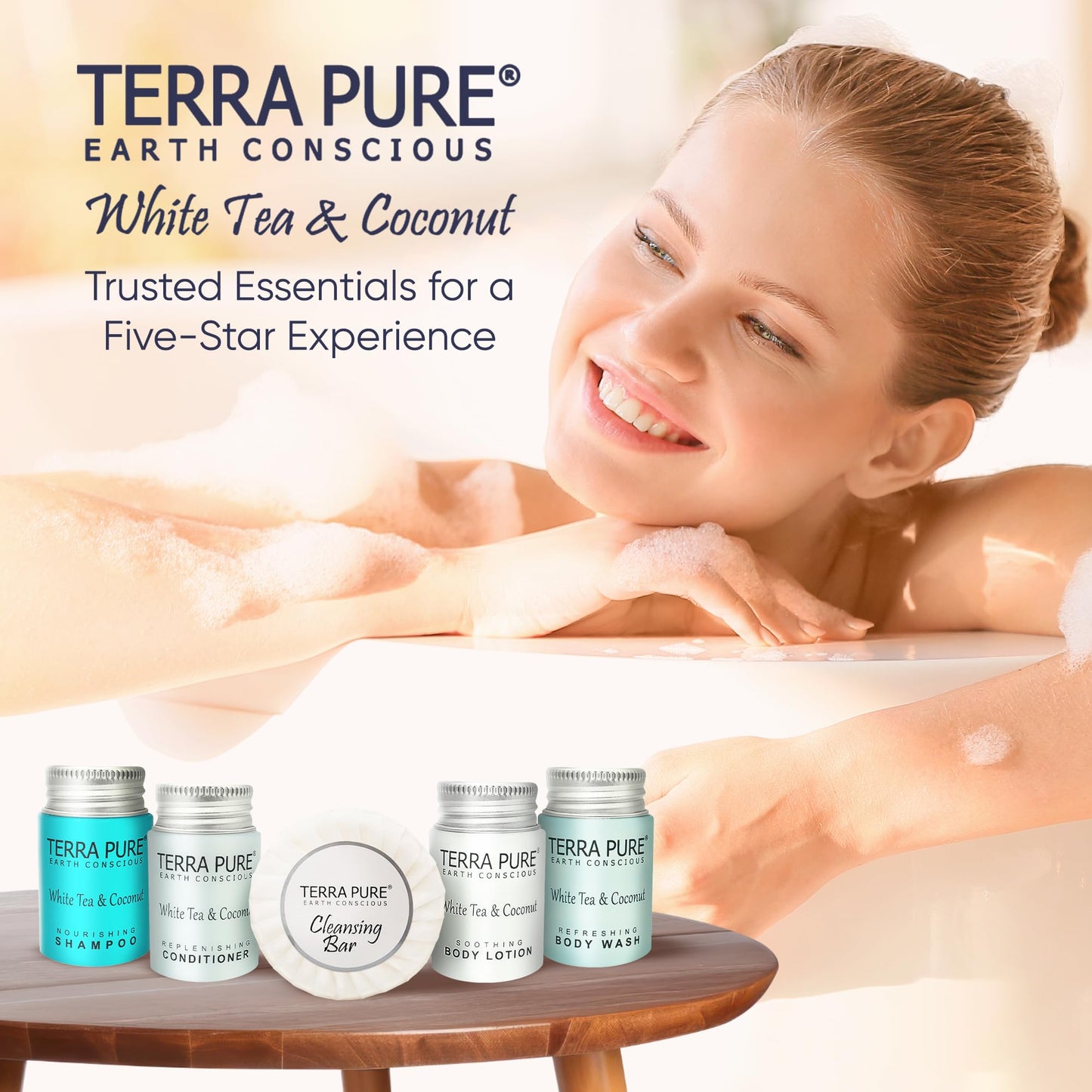 Terra Pure White Tea & Coconut Toiletries Set – 75-Piece Hotel Amenities Kit (1oz liquids, 1.25oz bar) | Hotels & Rentals