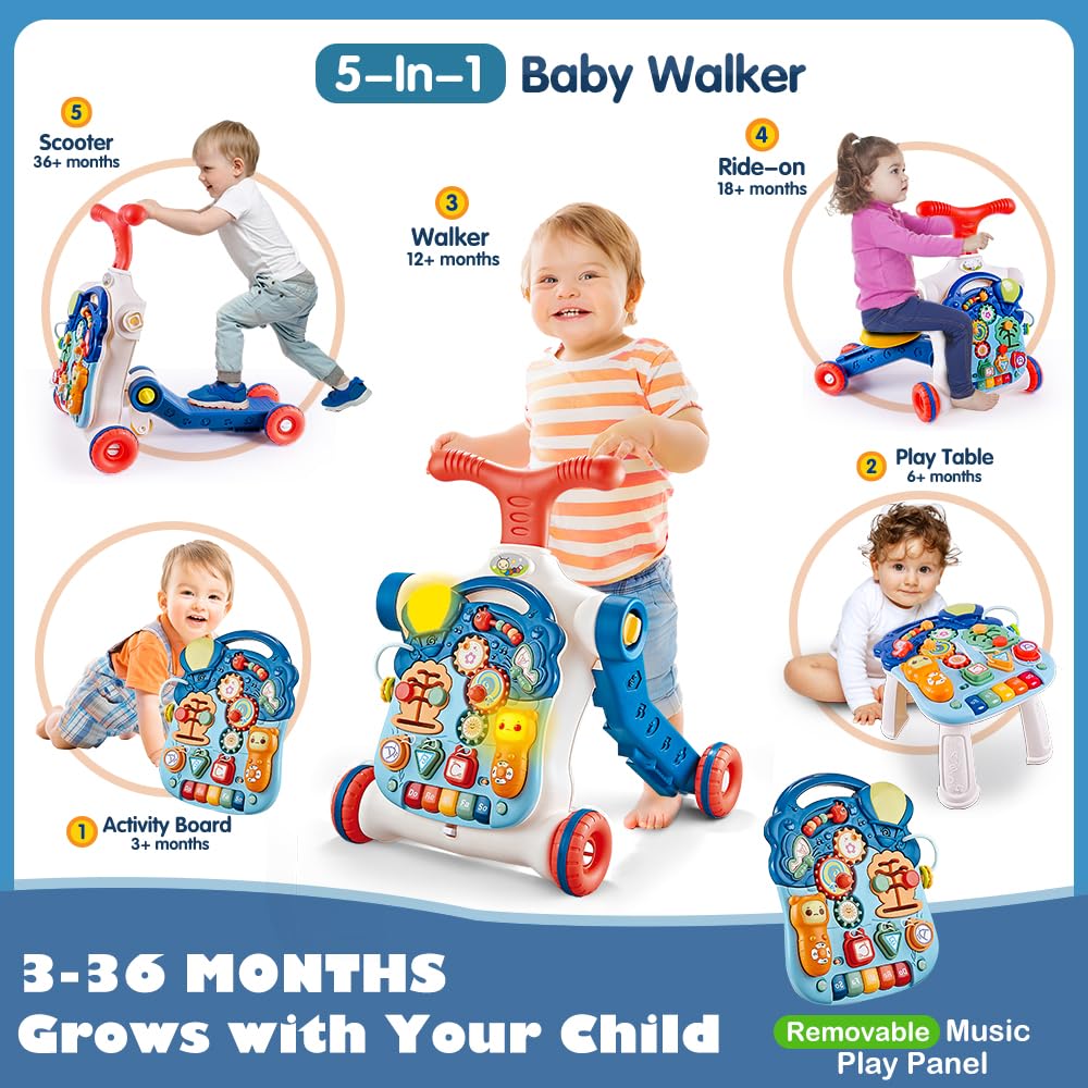 Terramus 5-in-1 Baby Walker: Sit-to-Stand Toy with 5 Modes for Toddlers 6–60 Months