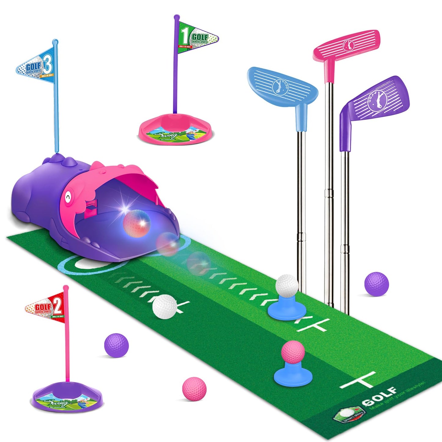 TERRAMUS Kids Golf Set with Dinosaur Auto Ball Returner, LED Night Balls, 3 Clubs, Putting Mat