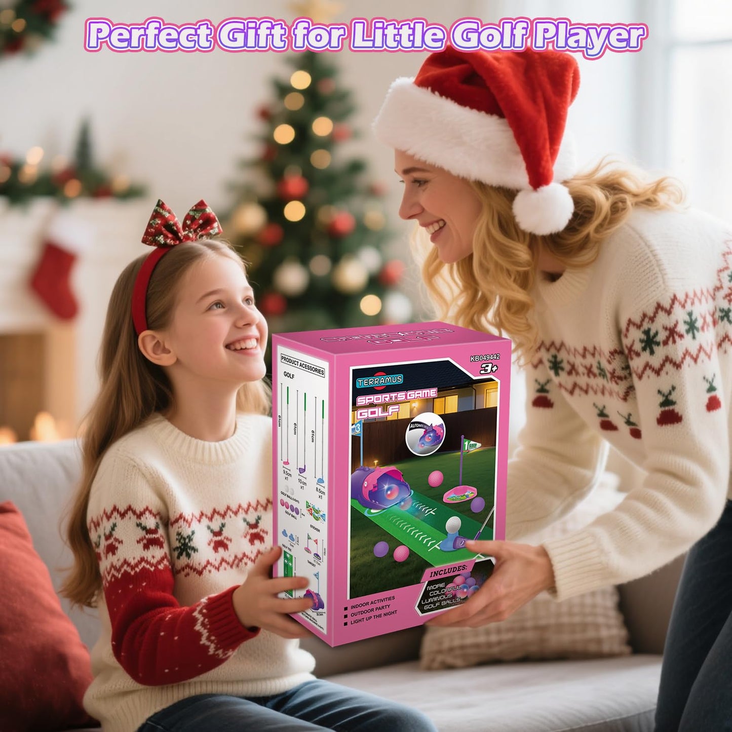 TERRAMUS Kids Golf Set with Dinosaur Auto Ball Returner, LED Night Balls, 3 Clubs, Putting Mat
