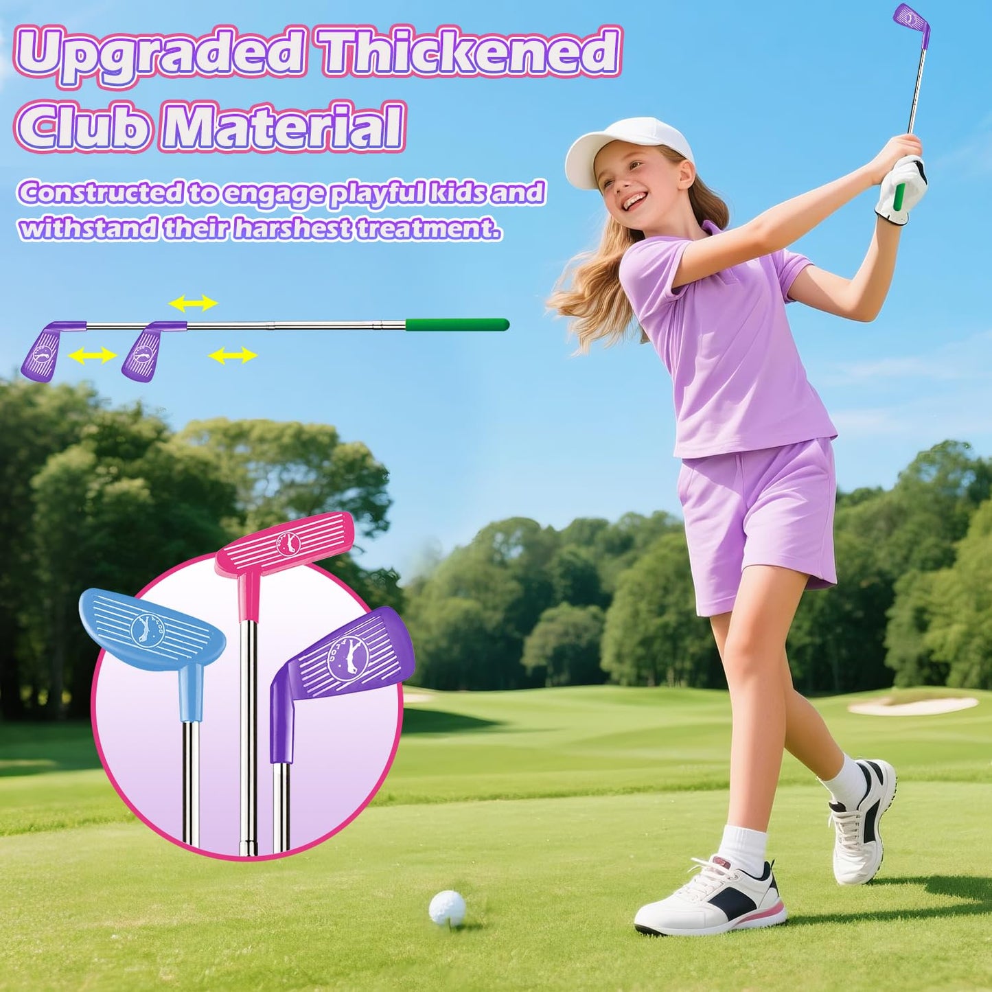 TERRAMUS Kids Golf Set with Dinosaur Auto Ball Returner, LED Night Balls, 3 Clubs, Putting Mat