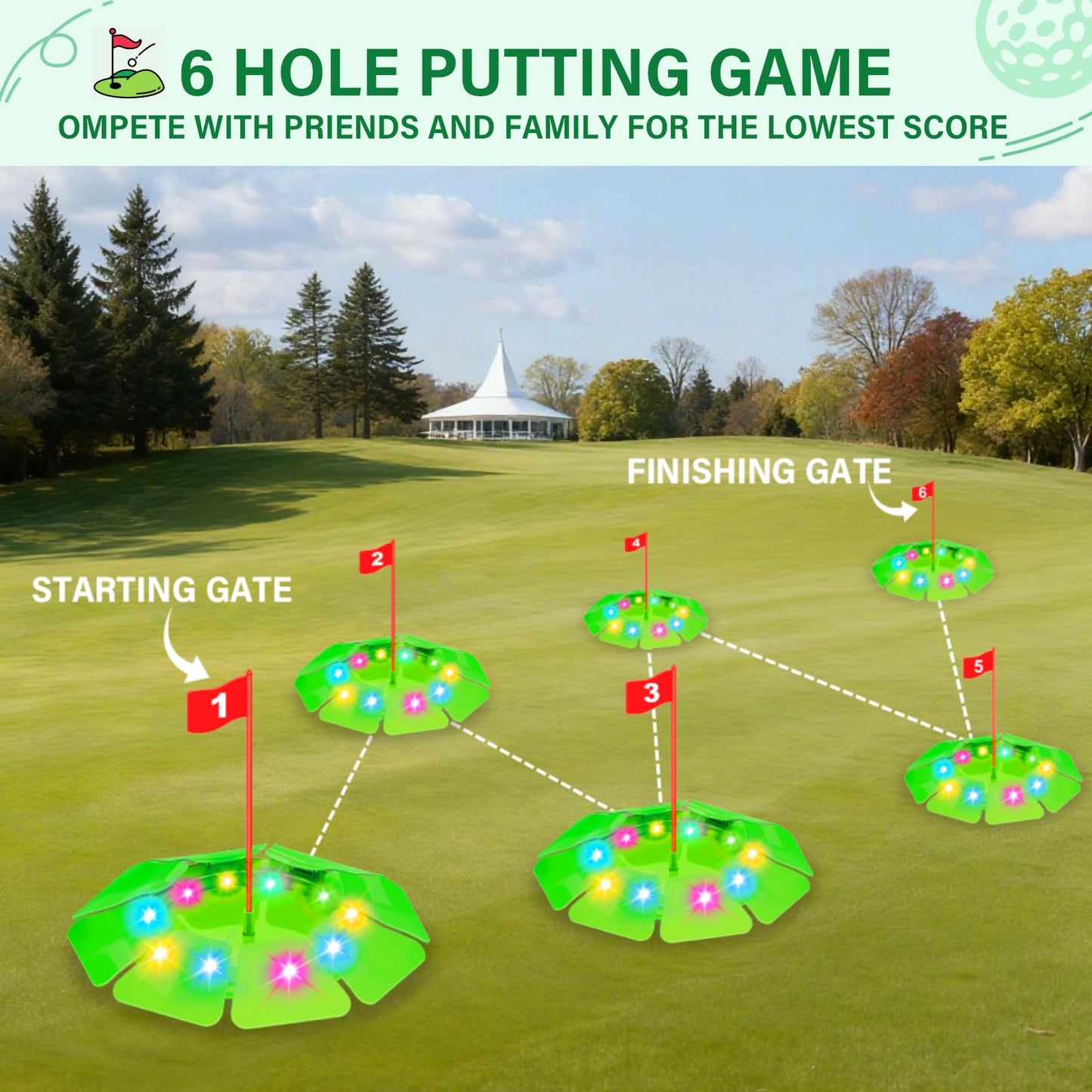 TERRAMUS Light Up Golf Play Set – 6 LED Targets, 2 Clubs, 6 Glow Balls