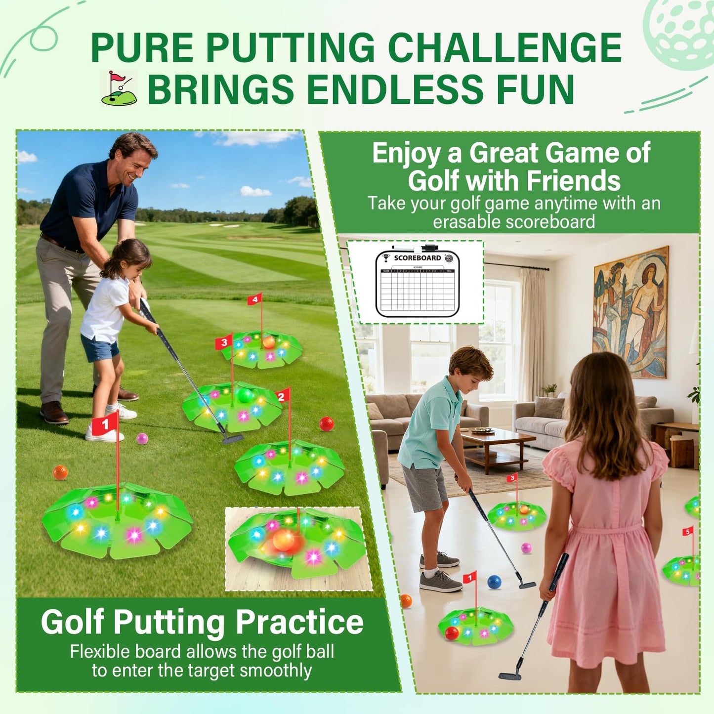 TERRAMUS Light Up Golf Play Set – 6 LED Targets, 2 Clubs, 6 Glow Balls