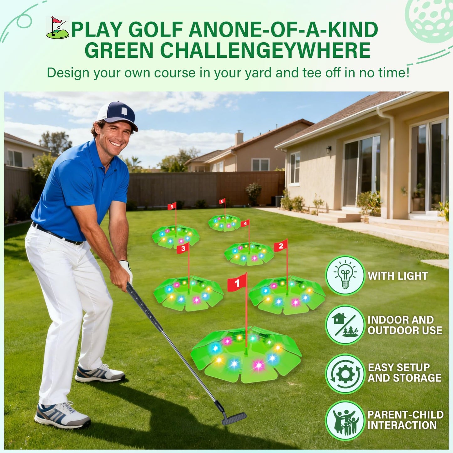 TERRAMUS Light Up Golf Play Set – 6 LED Targets, 2 Clubs, 6 Glow Balls