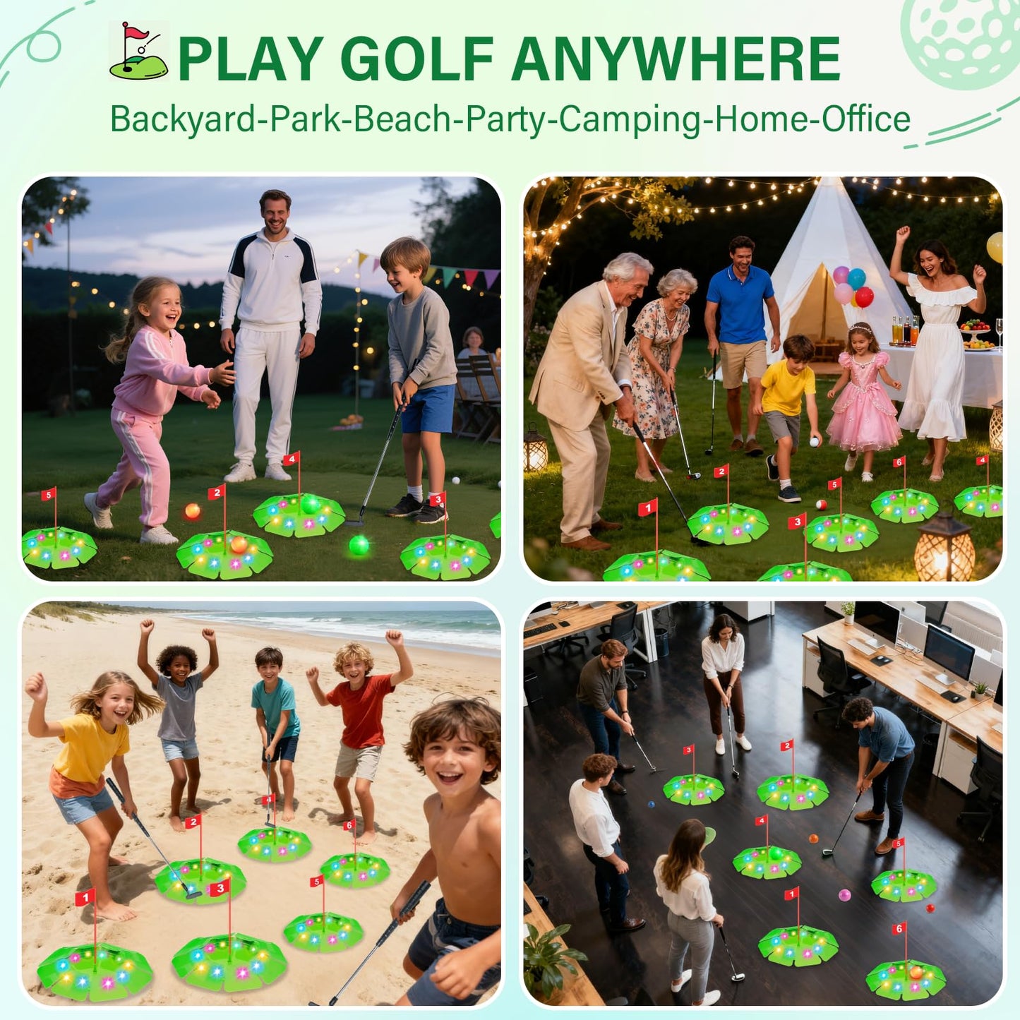 TERRAMUS Light Up Golf Play Set – 6 LED Targets, 2 Clubs, 6 Glow Balls