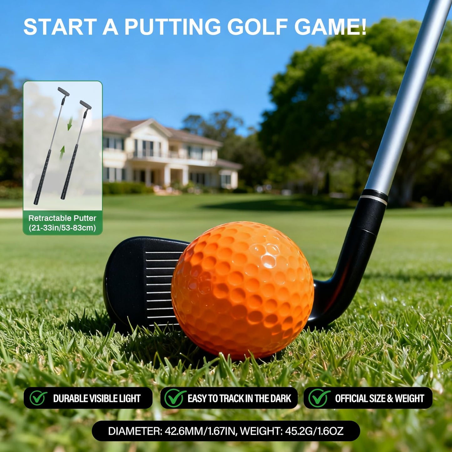 TERRAMUS Light Up Golf Play Set – 6 LED Targets, 2 Clubs, 6 Glow Balls