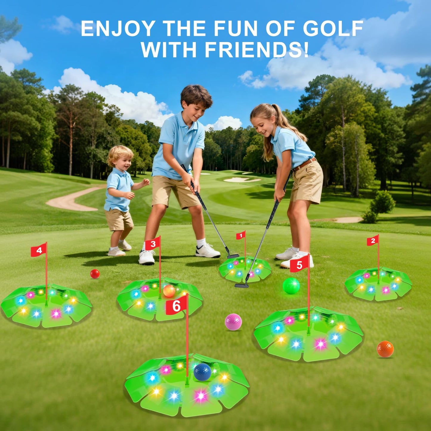 TERRAMUS Light Up Golf Play Set – 6 LED Targets, 2 Clubs, 6 Glow Balls