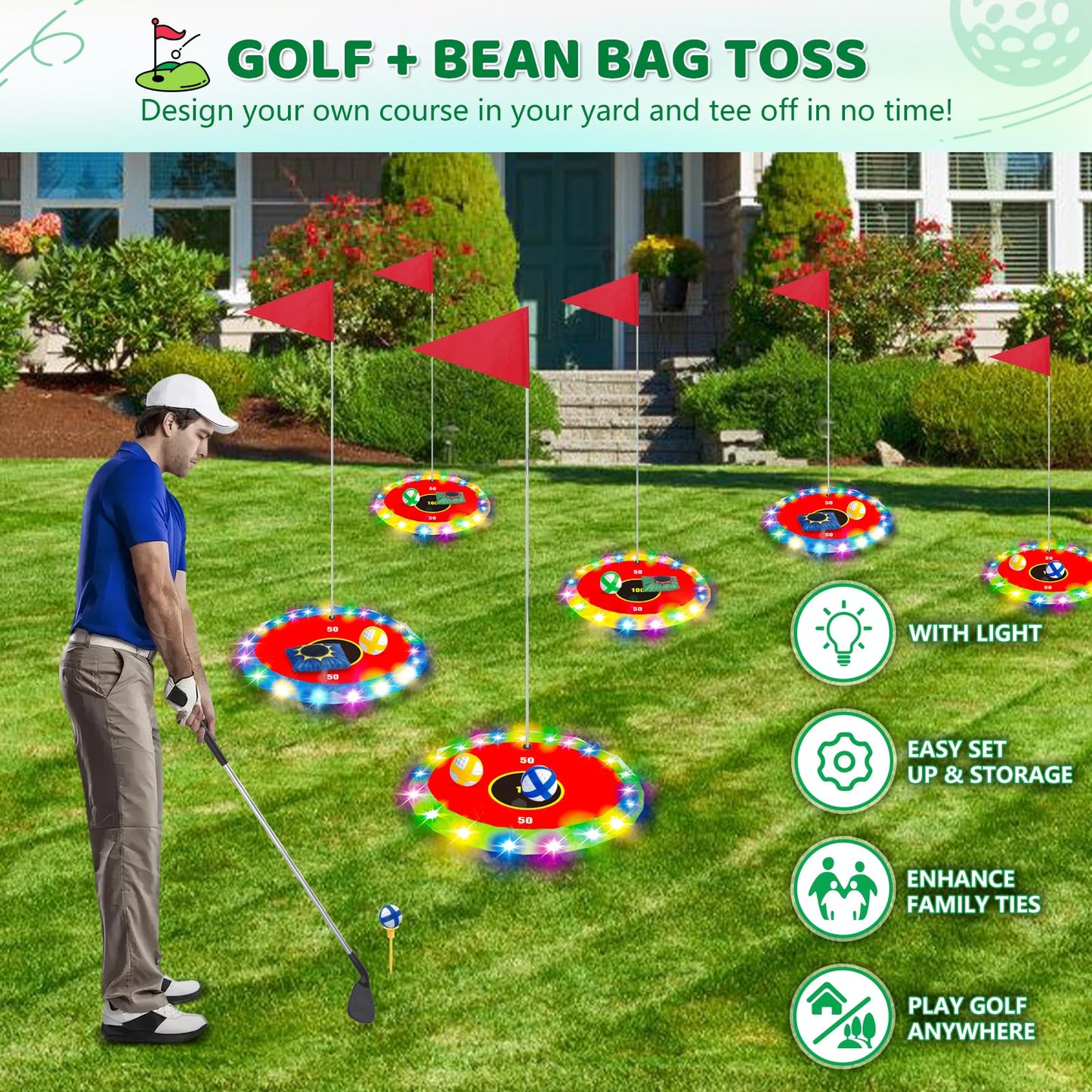 TERRAMUS Light Up Golf Play Set - Upgraded Backyard Glow Golf & Bean Bag Game (6 LED Targets, 2 Clubs, 18 Balls)