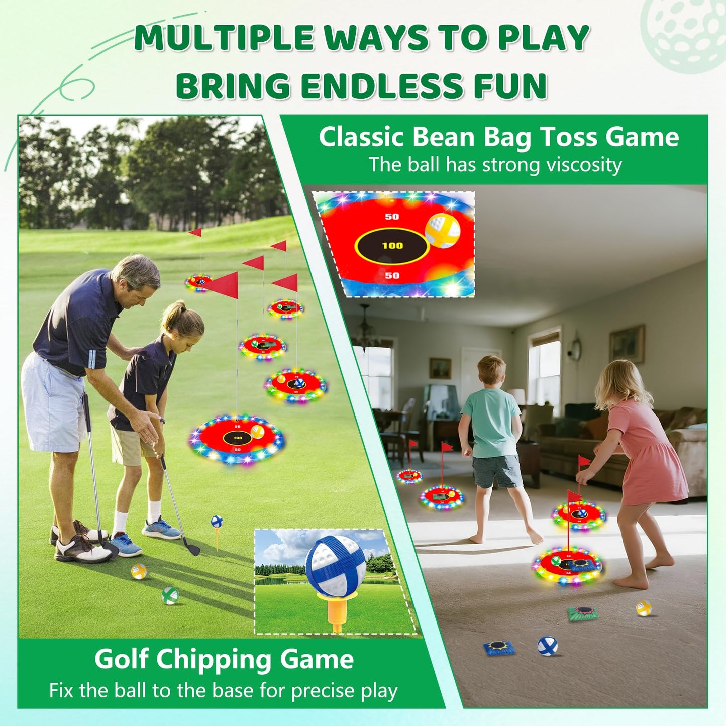 TERRAMUS Light Up Golf Play Set - Upgraded Backyard Glow Golf & Bean Bag Game (6 LED Targets, 2 Clubs, 18 Balls)