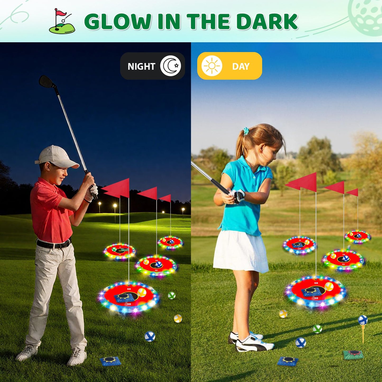 TERRAMUS Light Up Golf Play Set - Upgraded Backyard Glow Golf & Bean Bag Game (6 LED Targets, 2 Clubs, 18 Balls)