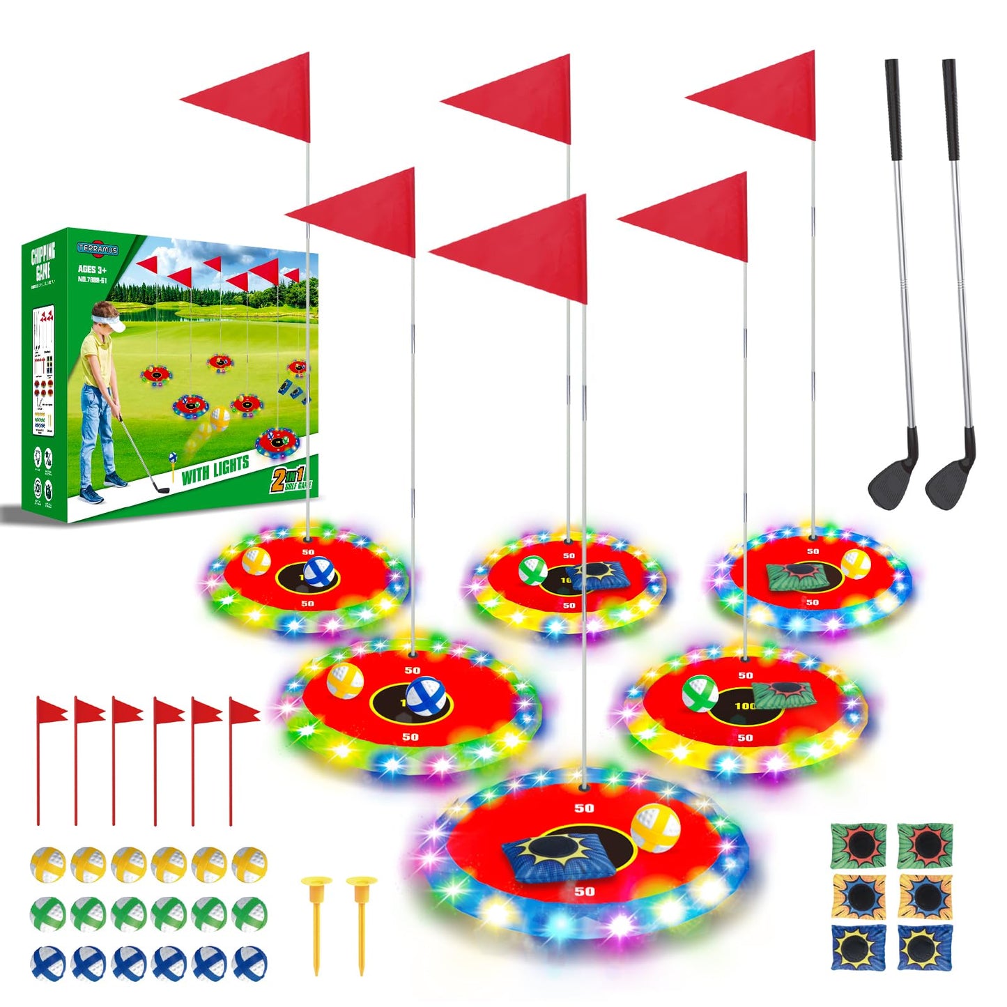 TERRAMUS Light Up Golf Play Set - Upgraded Backyard Glow Golf & Bean Bag Game (6 LED Targets, 2 Clubs, 18 Balls)