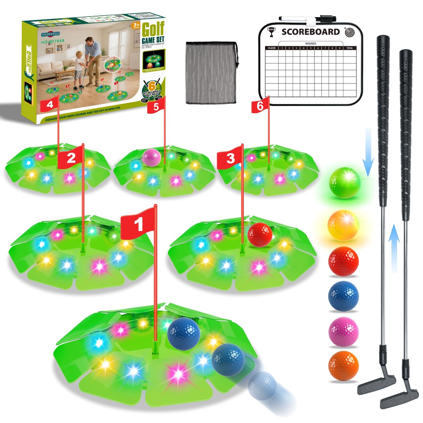 TERRAMUS Light Up Golf Play Set – 6 LED Targets, 2 Clubs, 6 Glow Balls