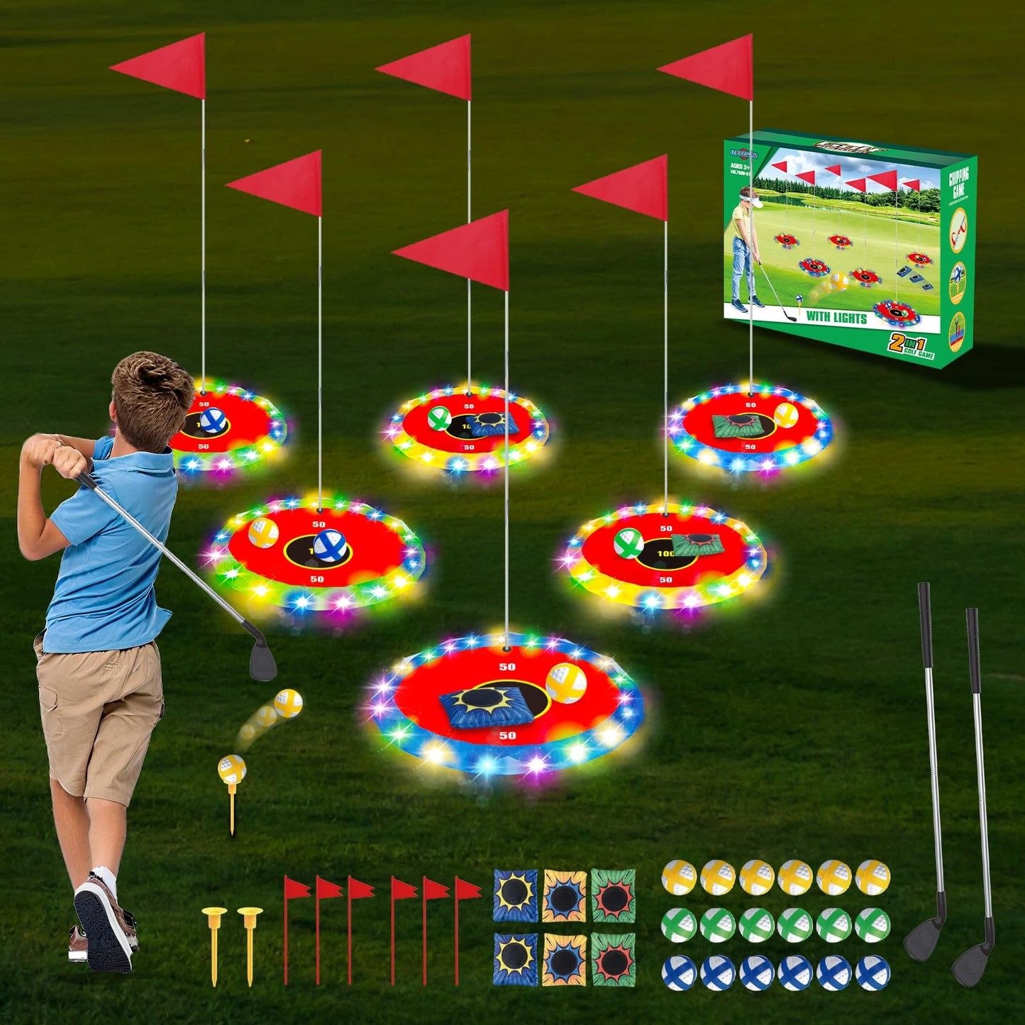 TERRAMUS Light Up Golf Play Set - Upgraded Backyard Glow Golf & Bean Bag Game (6 LED Targets, 2 Clubs, 18 Balls)