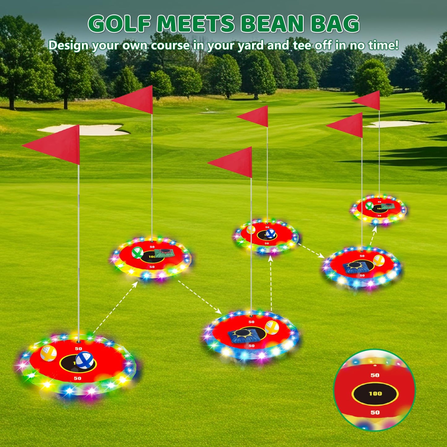 TERRAMUS Light Up Golf Play Set - Upgraded Backyard Glow Golf & Bean Bag Game (6 LED Targets, 2 Clubs, 18 Balls)