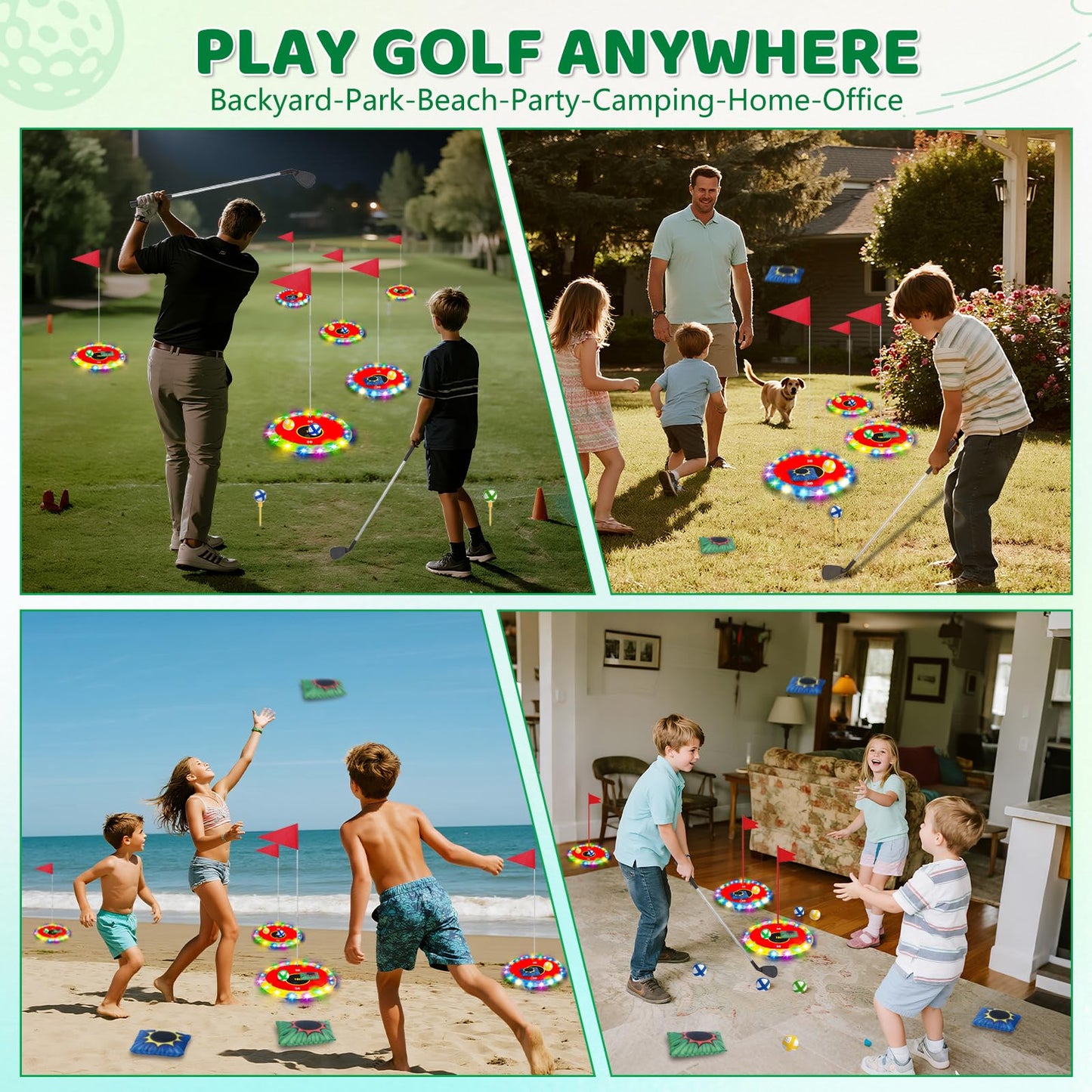 TERRAMUS Light Up Golf Play Set - Upgraded Backyard Glow Golf & Bean Bag Game (6 LED Targets, 2 Clubs, 18 Balls)