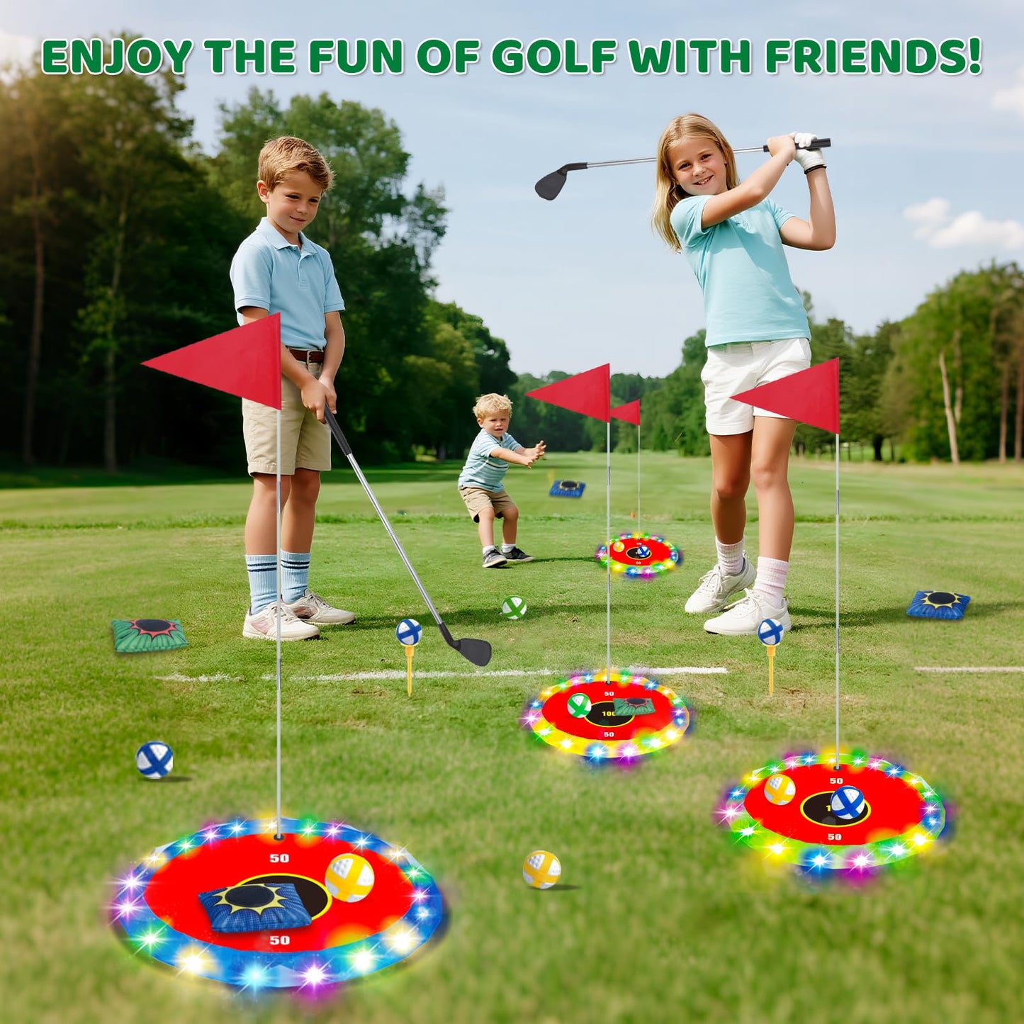 TERRAMUS Light Up Golf Play Set - Upgraded Backyard Glow Golf & Bean Bag Game (6 LED Targets, 2 Clubs, 18 Balls)