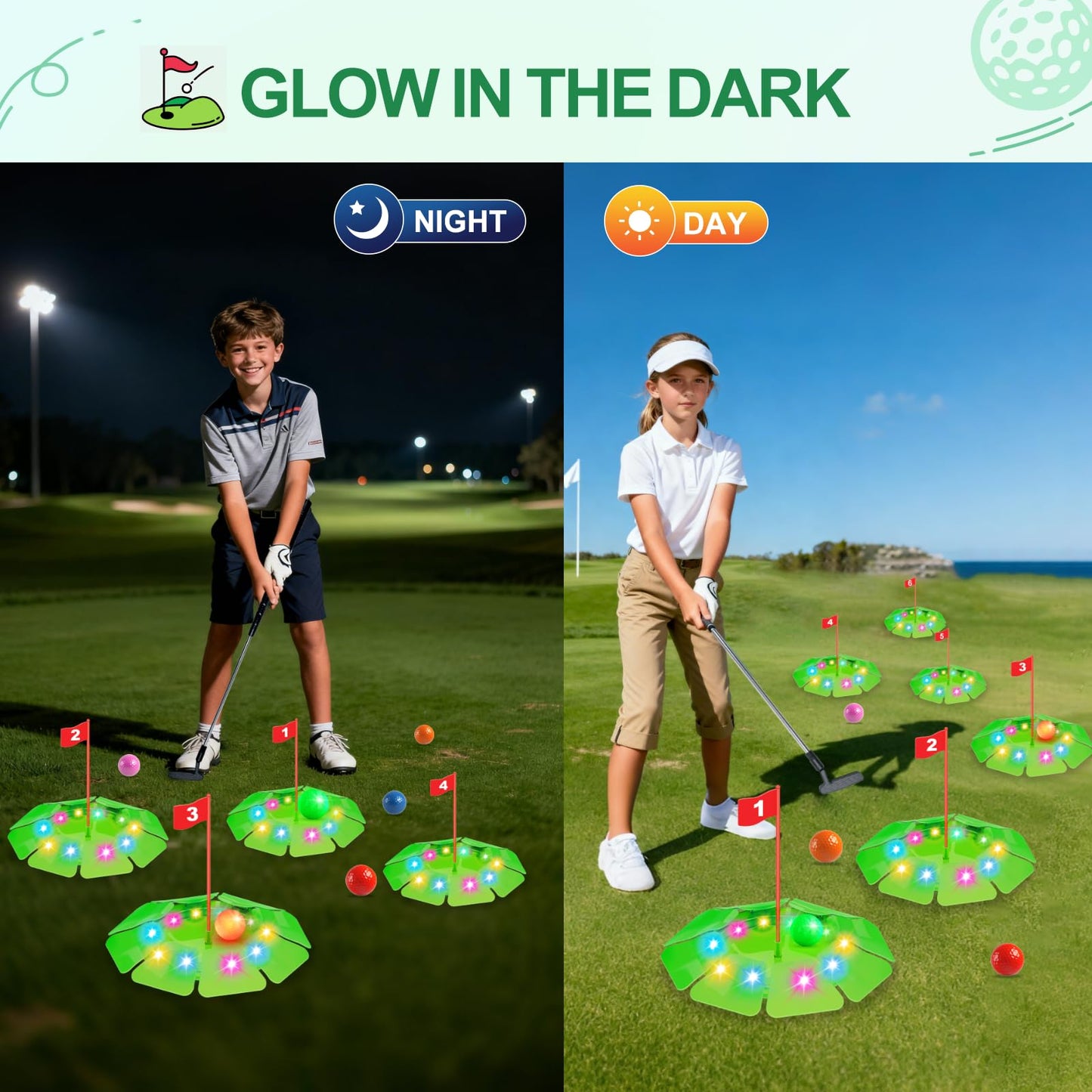 TERRAMUS Light Up Golf Play Set – 6 LED Targets, 2 Clubs, 6 Glow Balls
