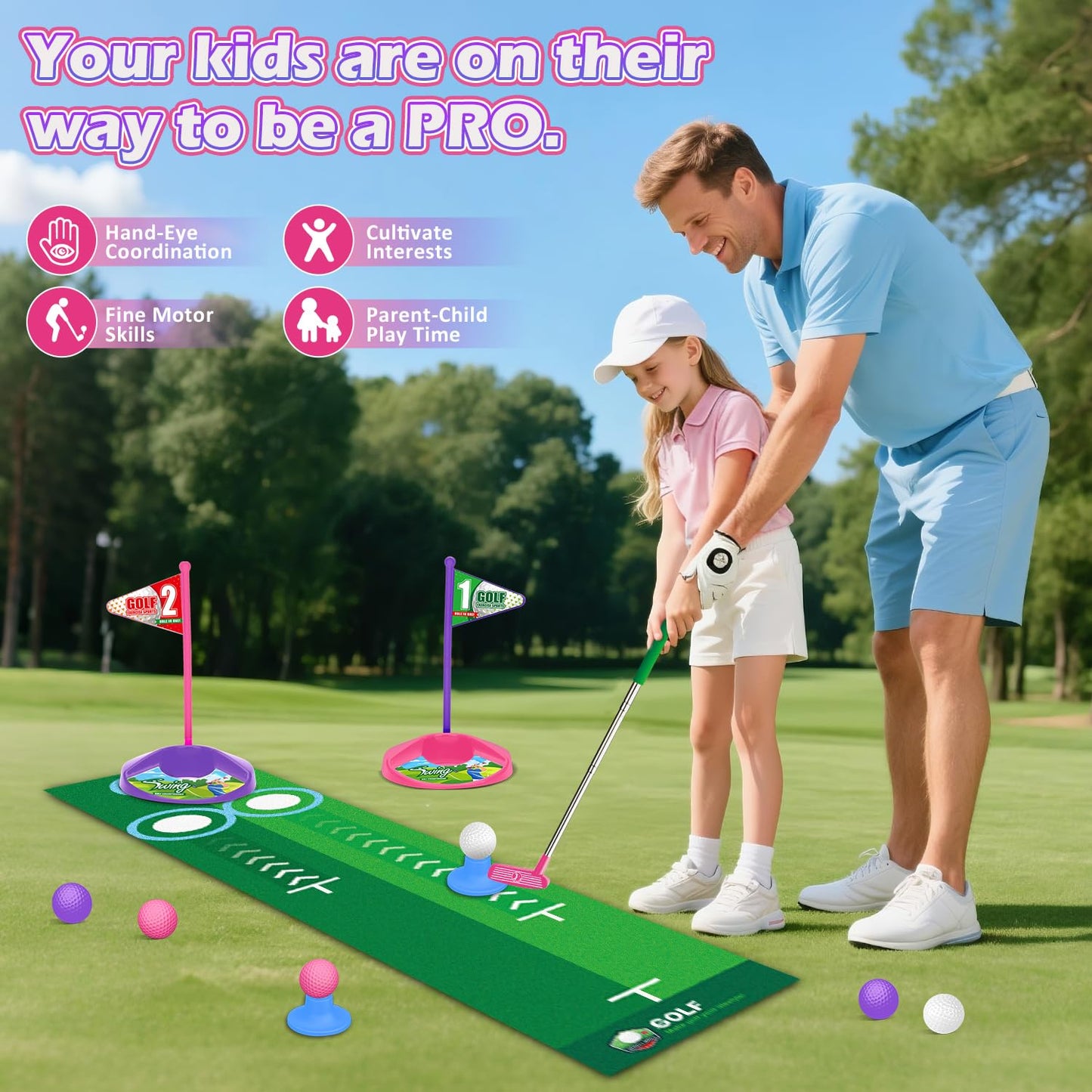 TERRAMUS Kids Golf Set with Dinosaur Auto Ball Returner, LED Night Balls, 3 Clubs, Putting Mat