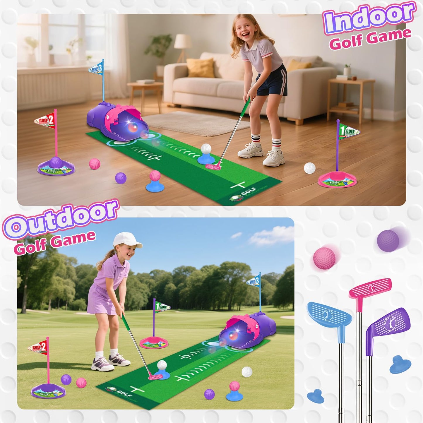 TERRAMUS Kids Golf Set with Dinosaur Auto Ball Returner, LED Night Balls, 3 Clubs, Putting Mat
