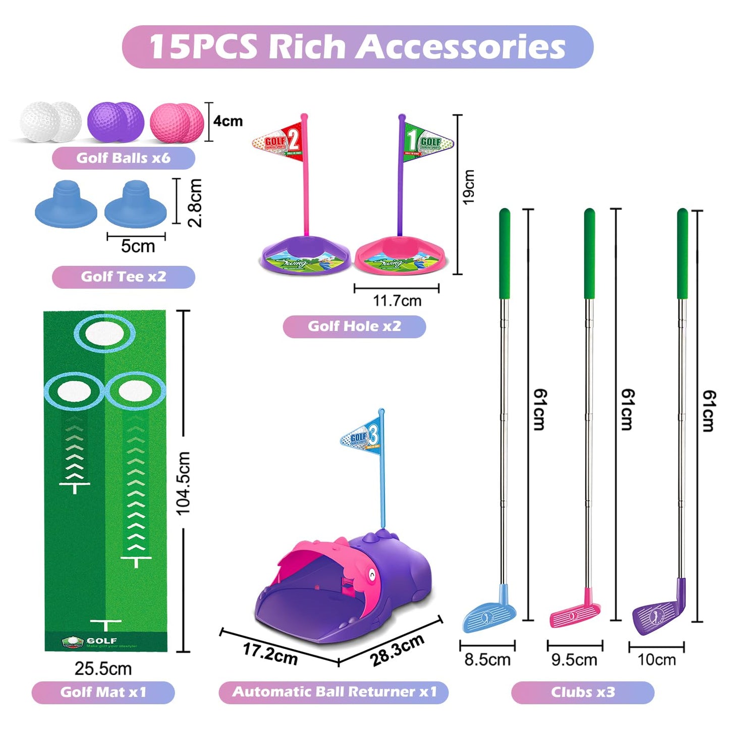 TERRAMUS Kids Golf Set with Dinosaur Auto Ball Returner, LED Night Balls, 3 Clubs, Putting Mat