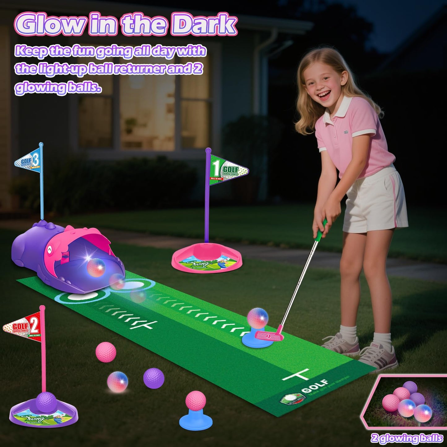 TERRAMUS Kids Golf Set with Dinosaur Auto Ball Returner, LED Night Balls, 3 Clubs, Putting Mat