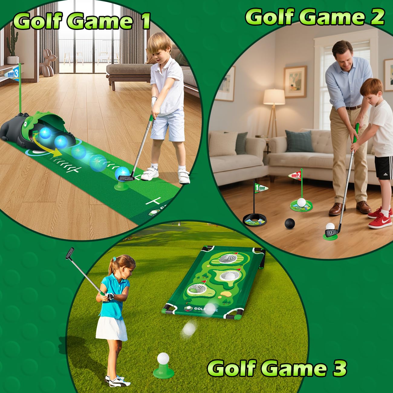 TERRAMUS 3 in 1 Kids Golf Set — Dinosaur Auto Ball Returner, LED Glow Balls, Indoor Putting Mat
