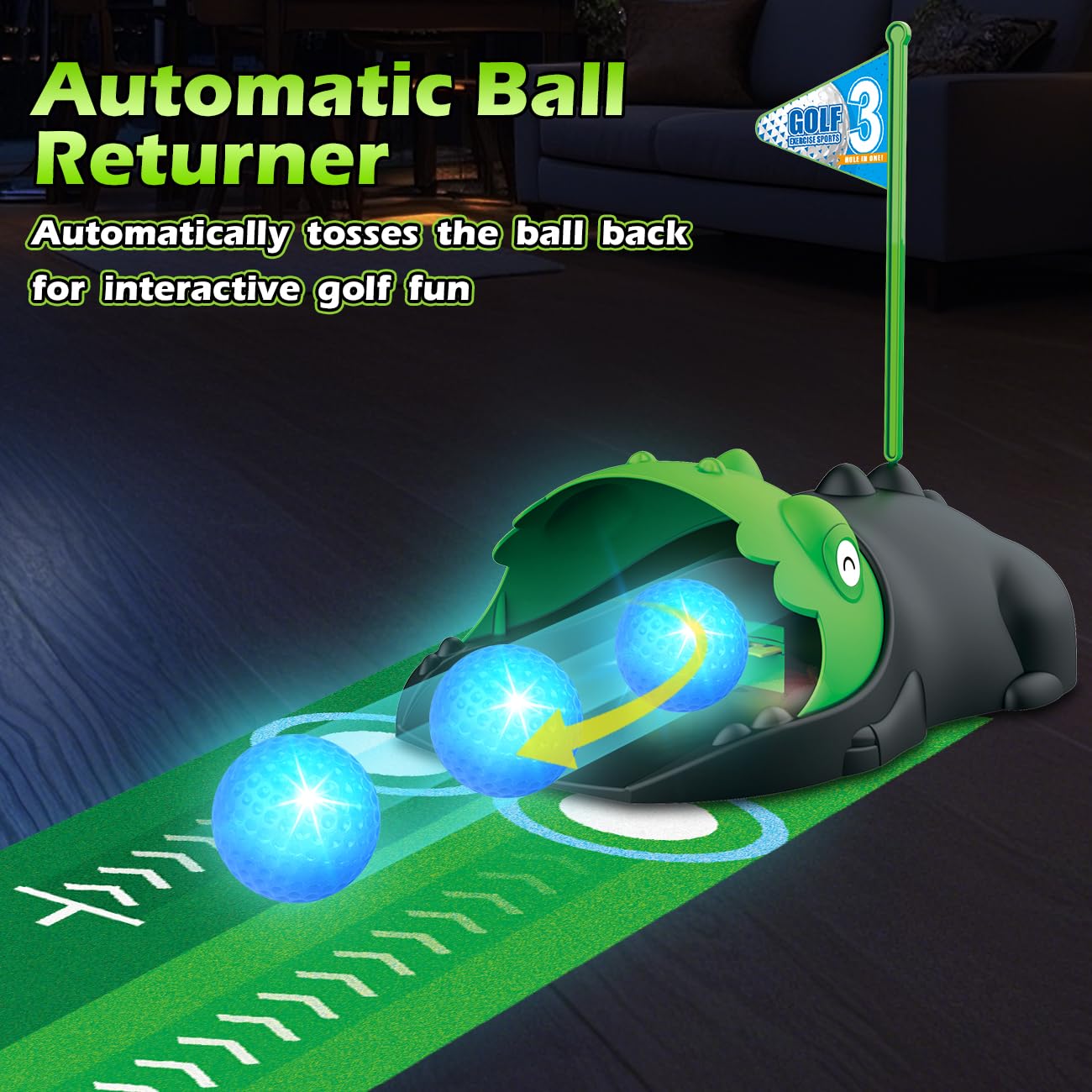 TERRAMUS 3 in 1 Kids Golf Set — Dinosaur Auto Ball Returner, LED Glow Balls, Indoor Putting Mat