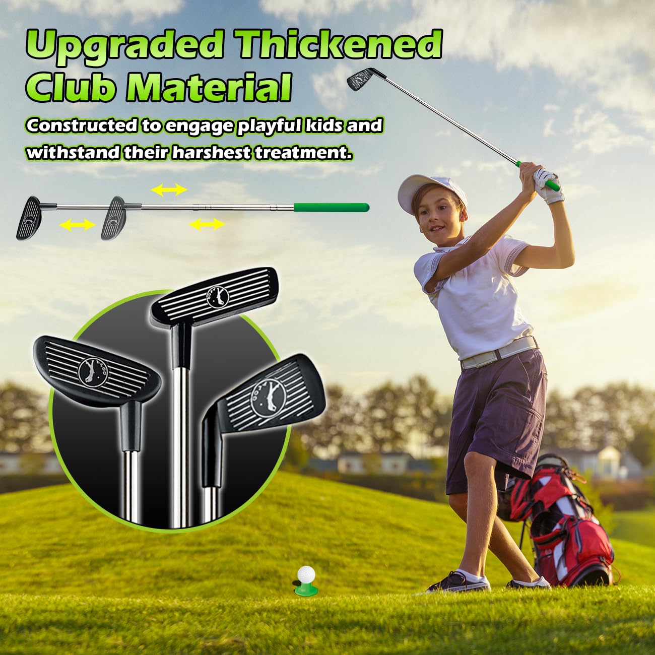 TERRAMUS 3 in 1 Kids Golf Set — Dinosaur Auto Ball Returner, LED Glow Balls, Indoor Putting Mat